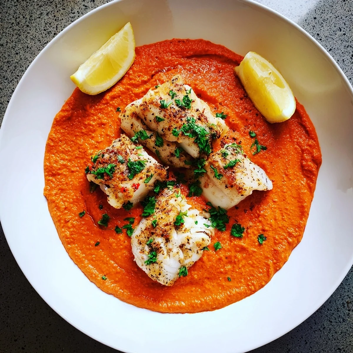 Skillet ready Cod In Roasted Red Pepper Sauce glistening, parsley garnish, crusty bread.