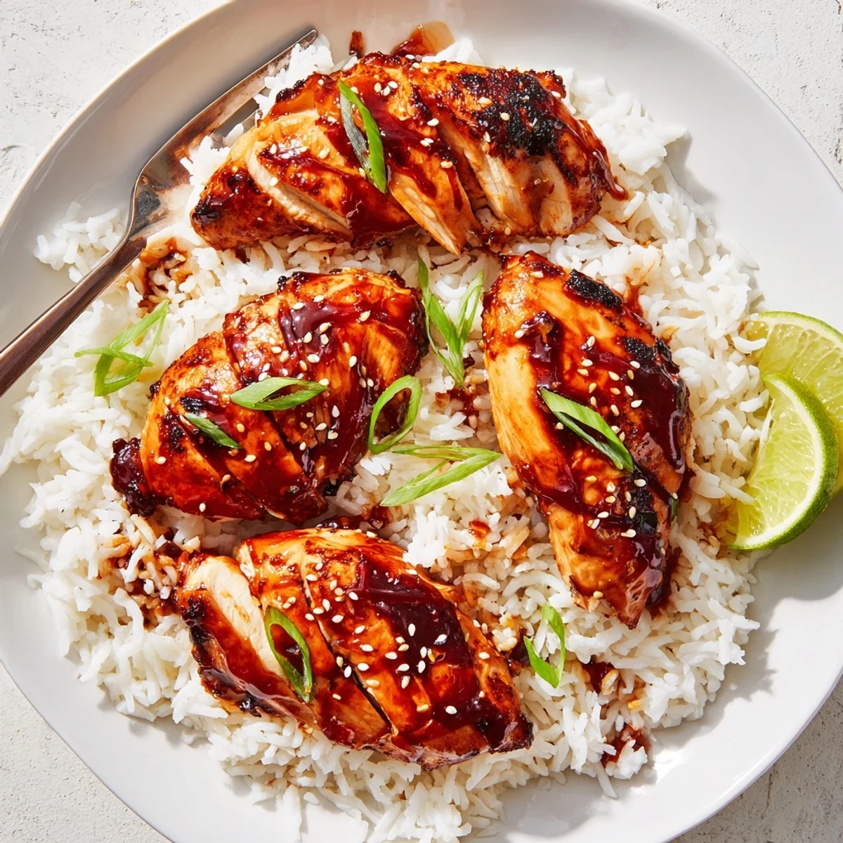 Spicy Maple Chicken And Coconut Rice glistening with sticky maple glaze, lime wedge.