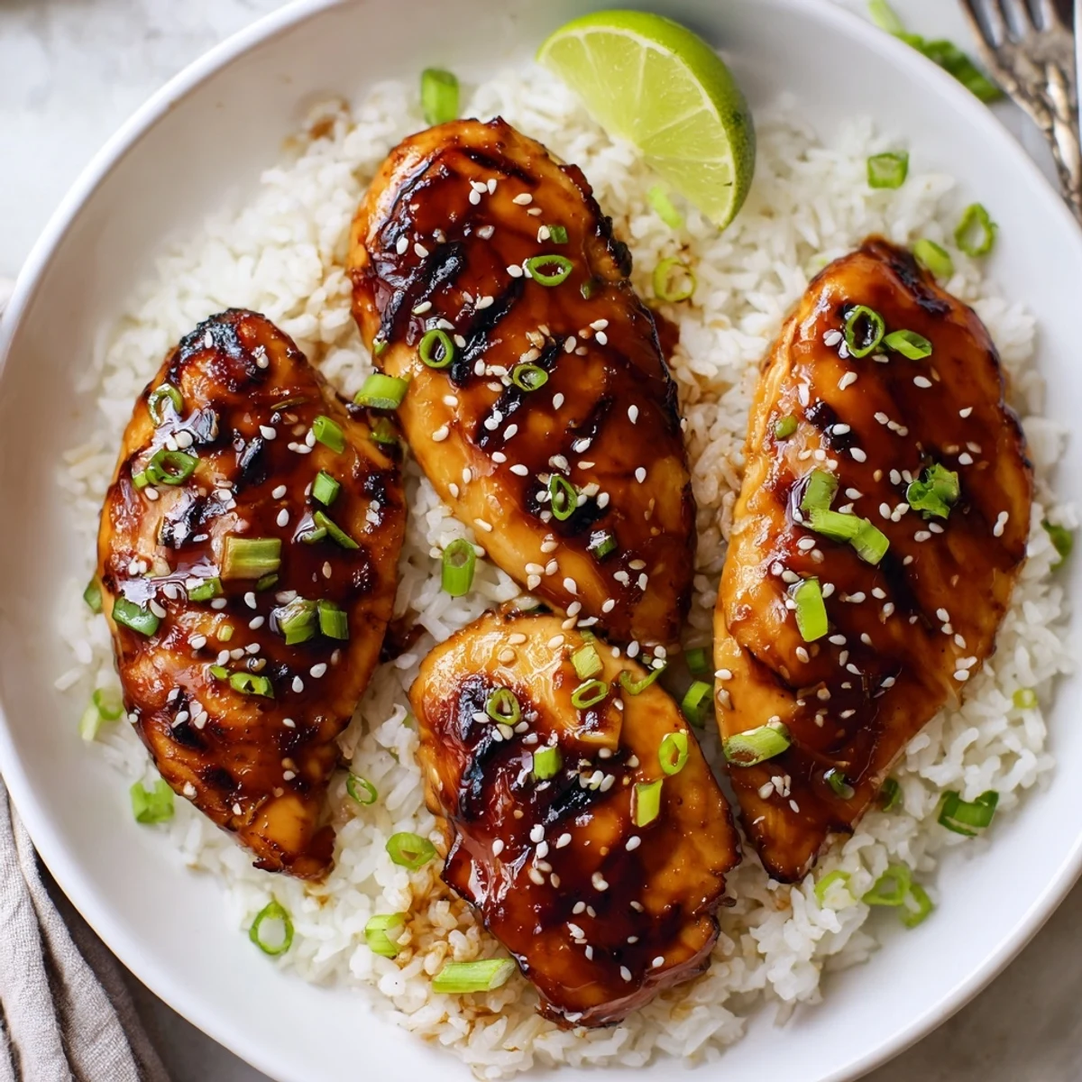Seared Spicy Maple Chicken And Coconut Rice plated with sliced green onions and sesame.