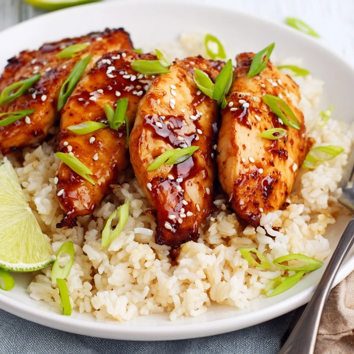 Juicy Spicy Maple Chicken And Coconut Rice served atop fragrant jasmine rice.