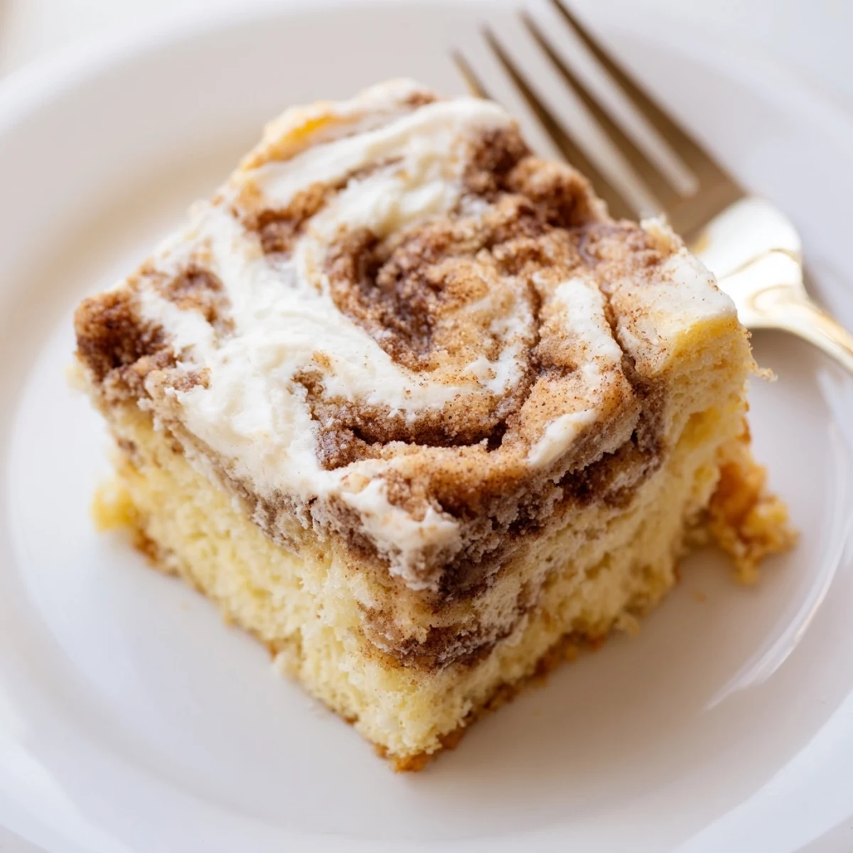 Cinnamon Roll Poke Cake with gooey cinnamon pockets and cream cheese frosting