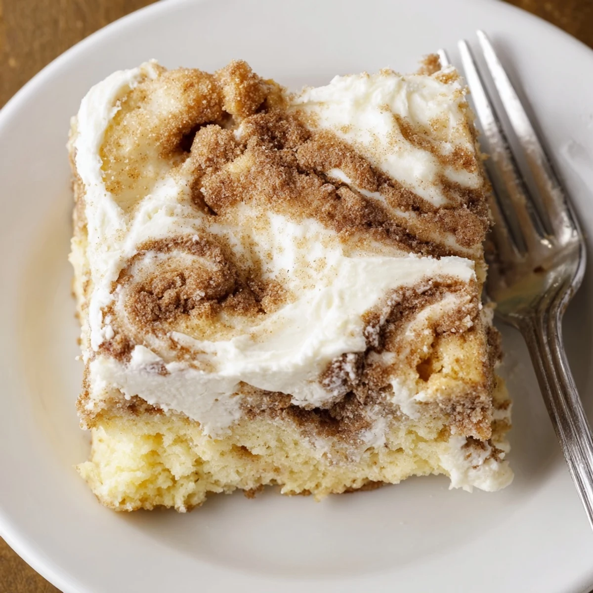 Moist Cinnamon Roll Poke Cake sliced, showing cinnamon swirls and creamy frosting