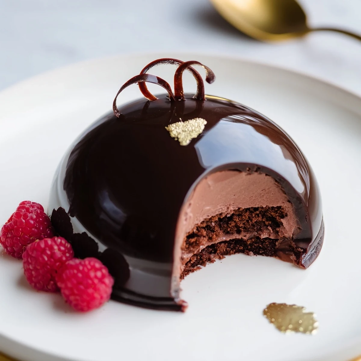 Elegant Chocolate Mascarpone Dome Dessert With Glossy Shells glistening, sliced revealing silky mousse