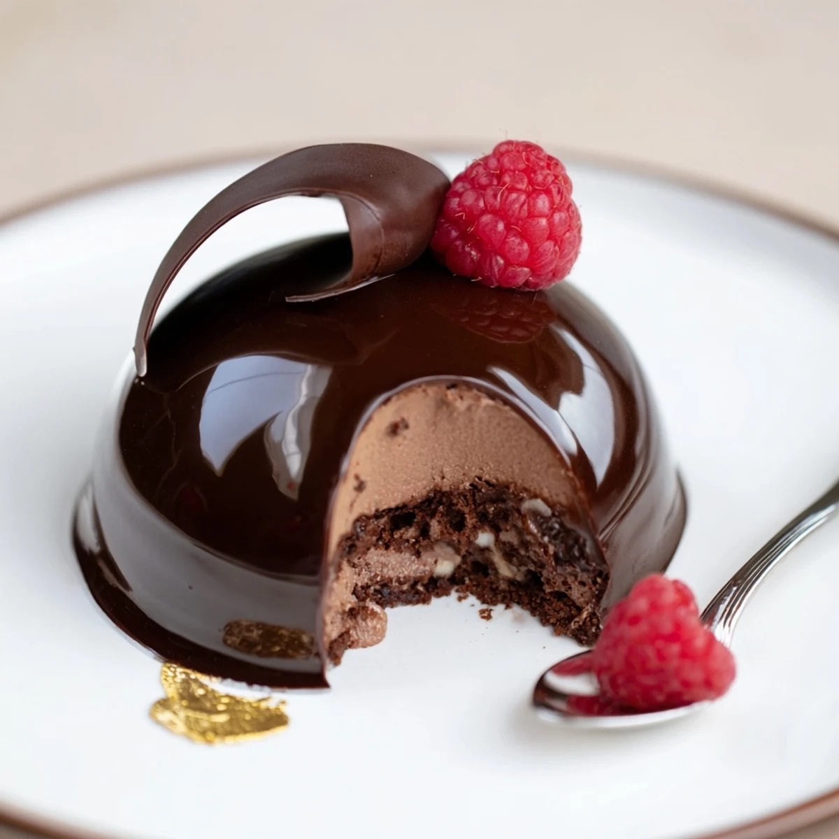 Elegant Chocolate Mascarpone Dome Dessert With Glossy Shells chilled on plates, garnished with berries