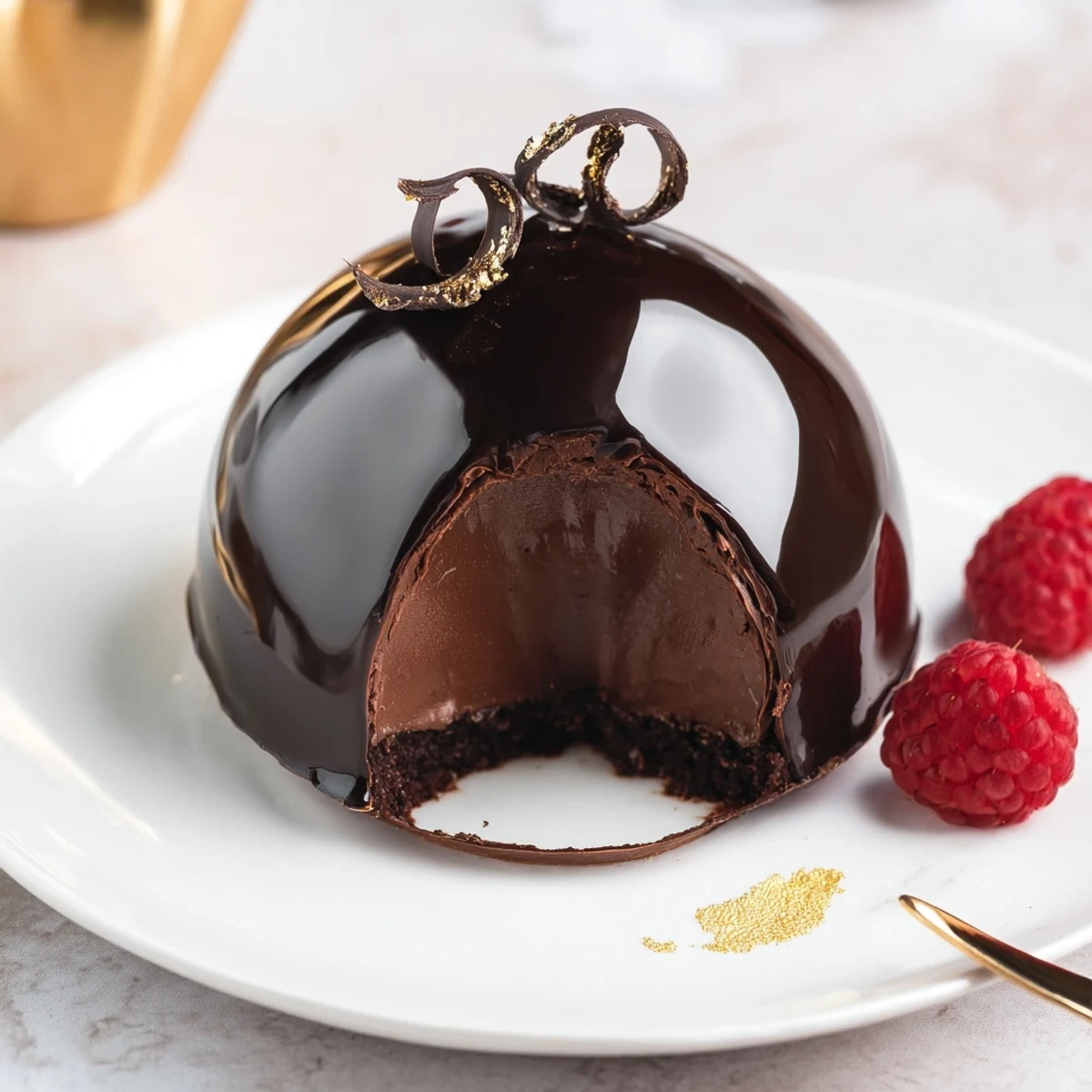 Elegant Chocolate Mascarpone Dome Dessert With Glossy Shells poured with mirror glaze, chocolate shine