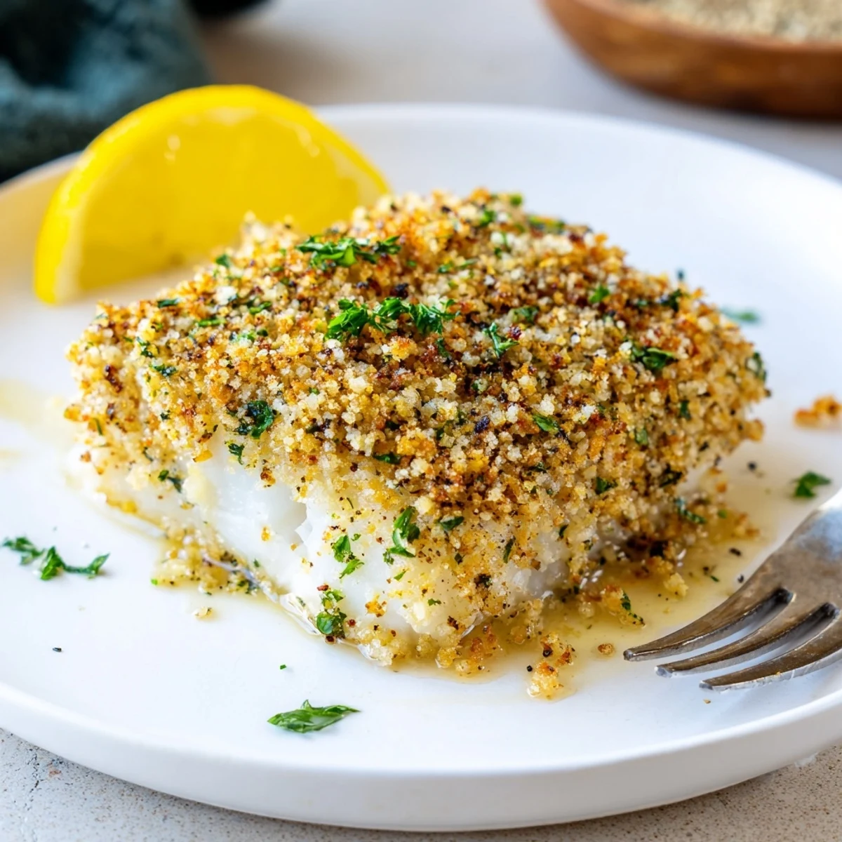 Boston Baked Cod with golden breadcrumb crust, lemon wedges ready to squeeze