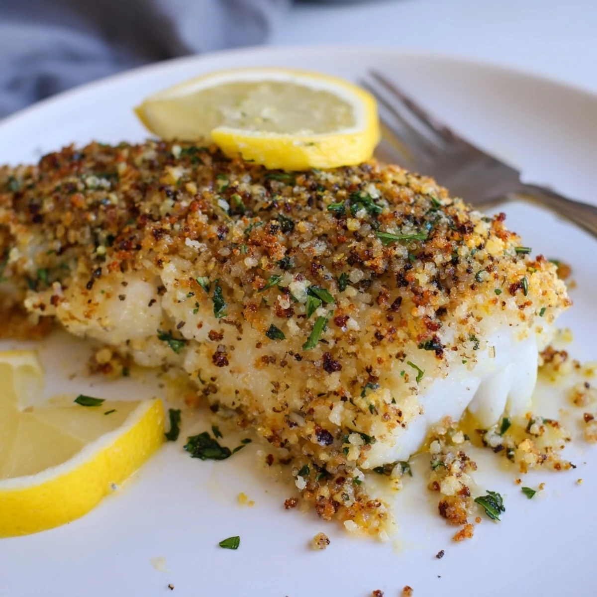 Homestyle Boston Baked Cod topped with buttery parsley breadcrumbs, fork breaking flaky fish