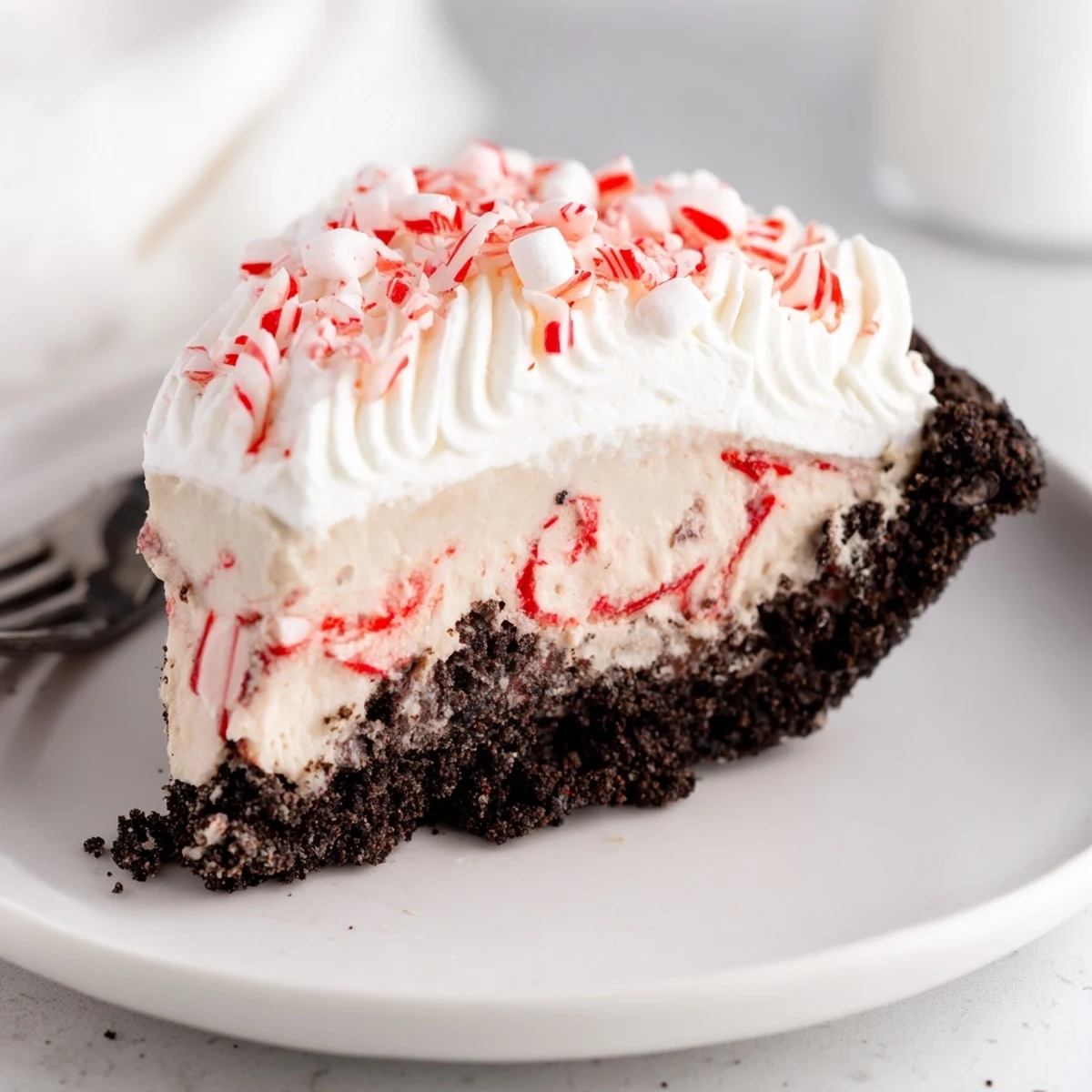 Candy Cane Pie with creamy peppermint filling, chocolate crust, crushed candy canes