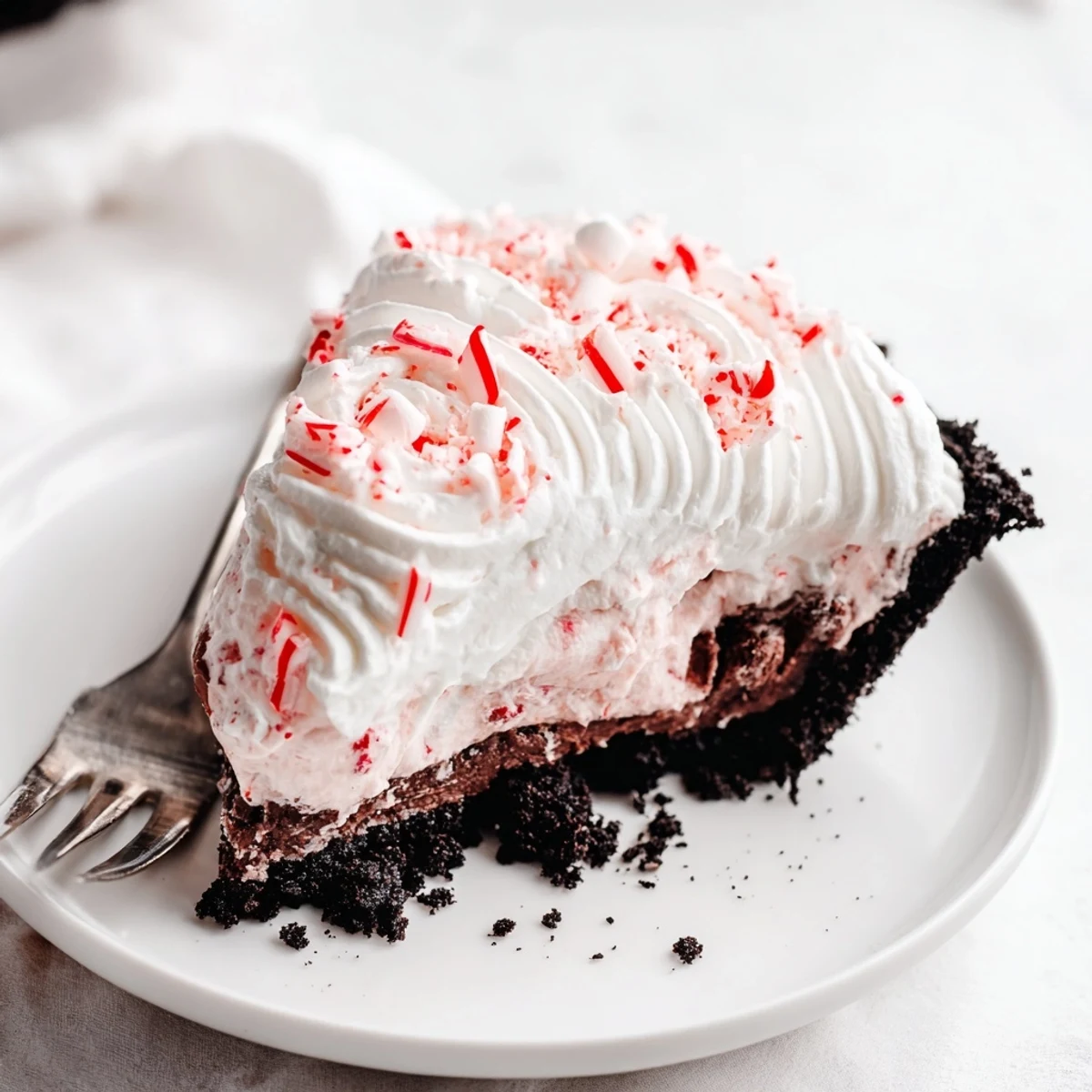Slice of Candy Cane Pie chilled in fridge, fluffy marshmallows and peppermint