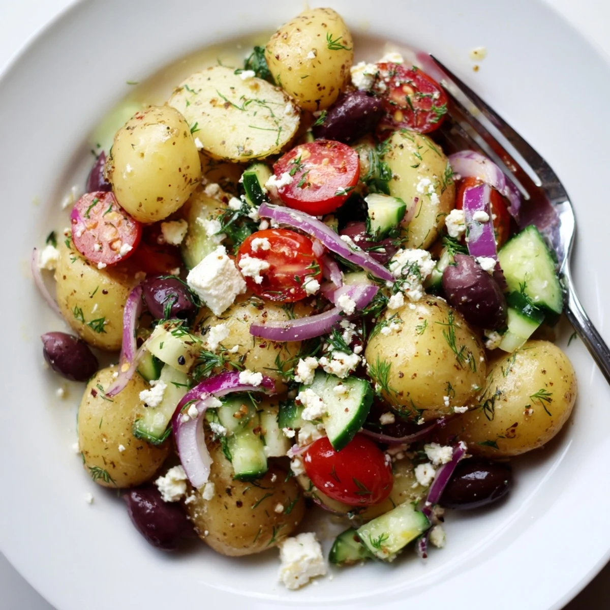 Olive Greek Potato Salad with creamy potatoes, tangy feta, picnic-ready presentation