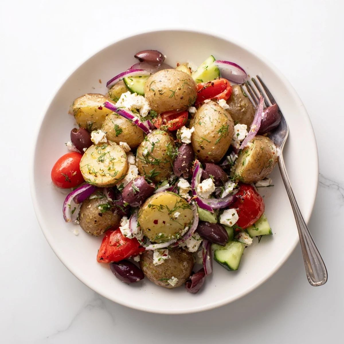 Bright Olive Greek Potato Salad tossed in lemony dressing, olives and herbs