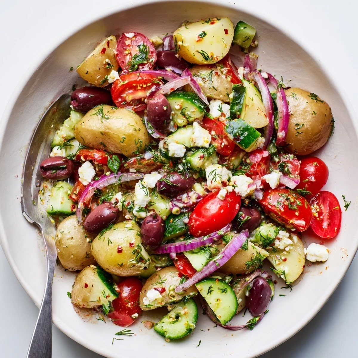 Chilled Olive Greek Potato Salad garnished with crumbled feta and fresh dill