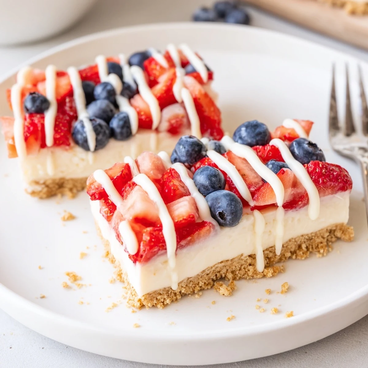 Patriotic Cheesecake Bars chilled on a graham crust, topped with glossy berries.