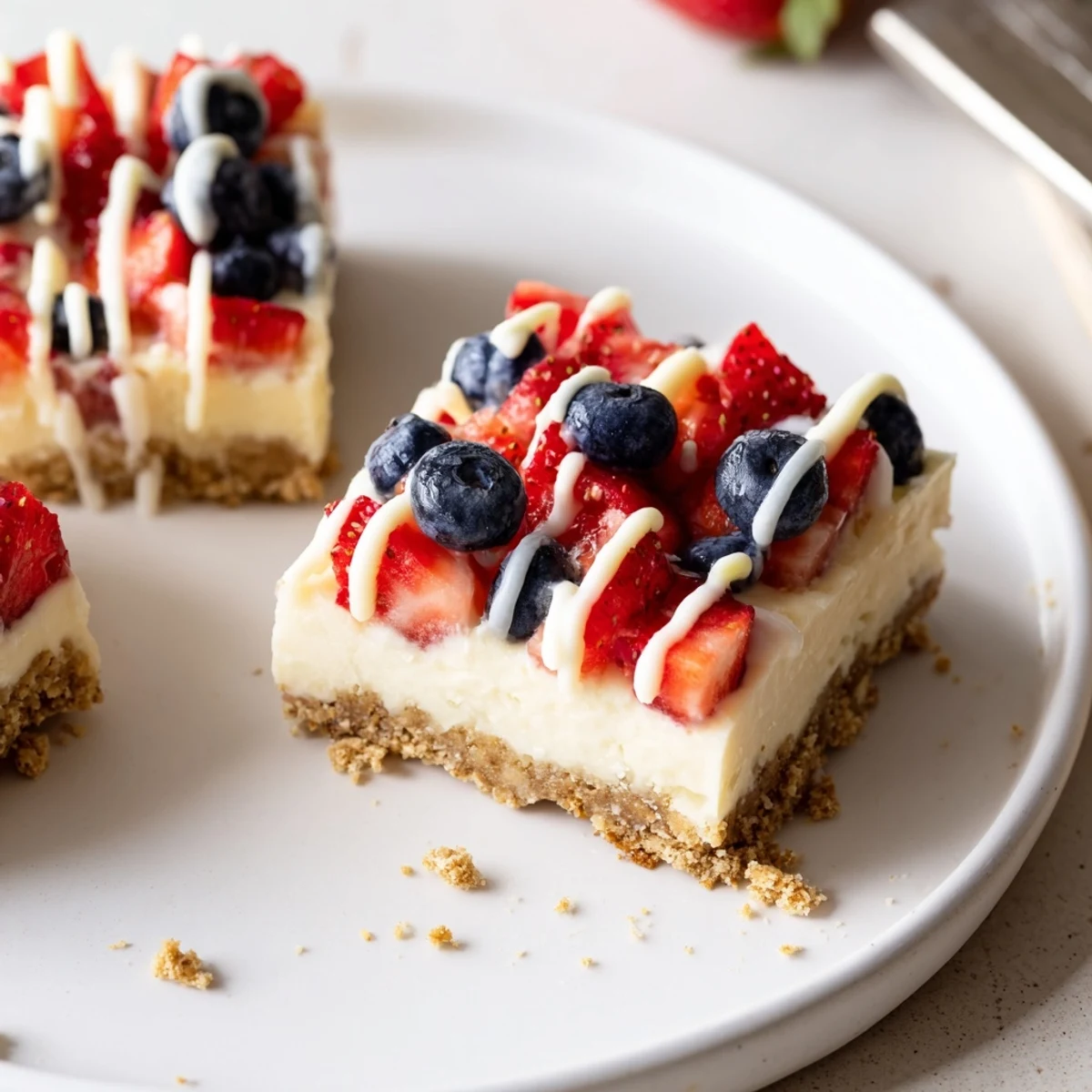 Guests reach for Patriotic Cheesecake Bars plated with white chocolate drizzle.