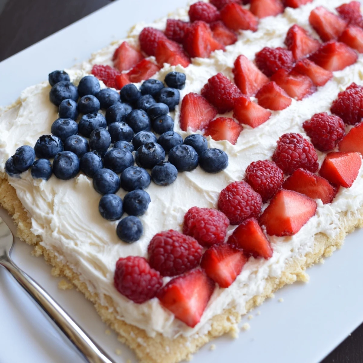 Chilled Sugar Cookie Flag Fruit Pizza on parchment, bright berry stripes.