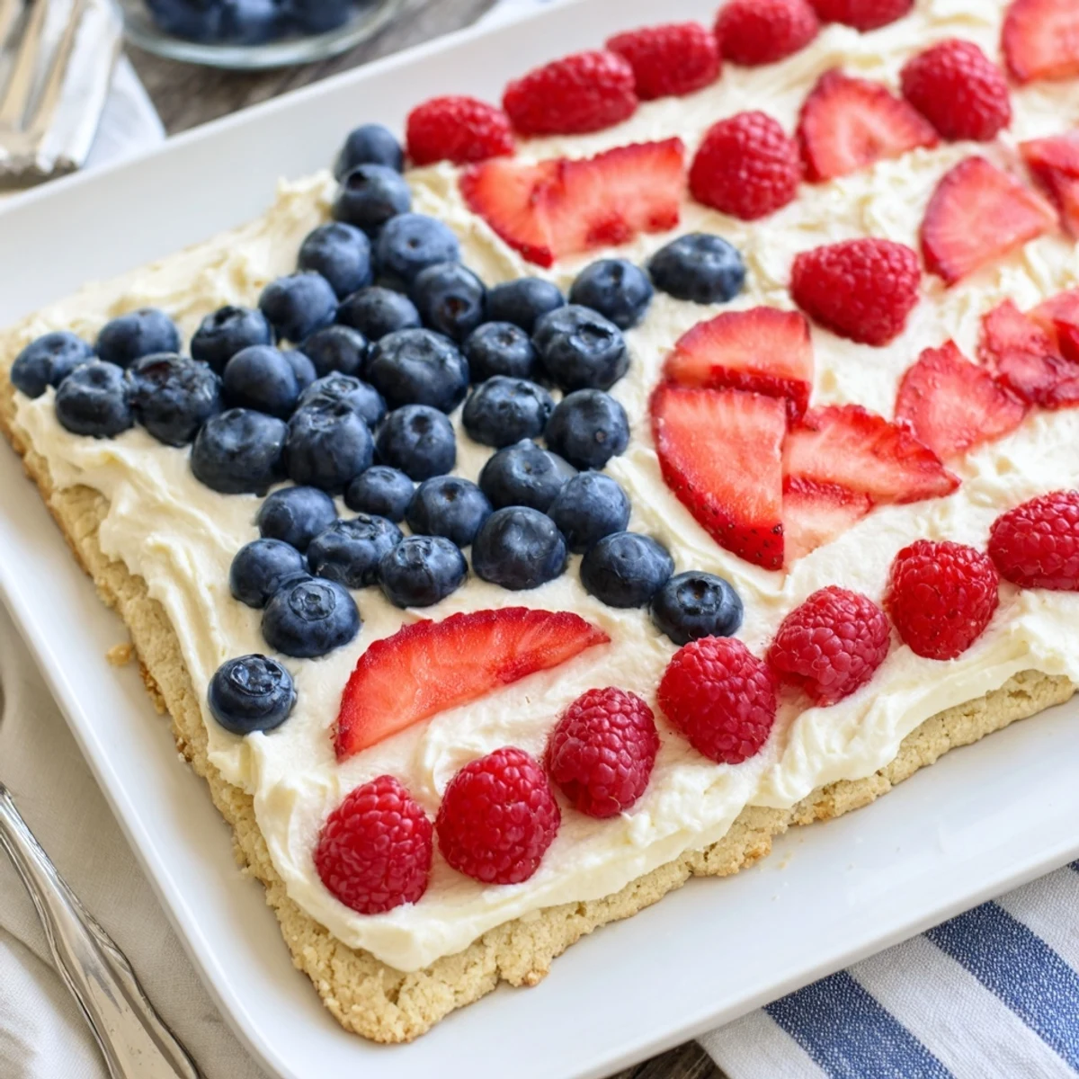 Family-style Sugar Cookie Flag Fruit Pizza topped with juicy blueberries and strawberries.