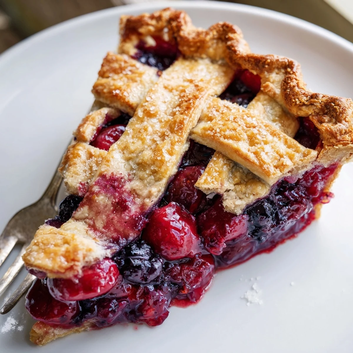 Warm Cherry And Blueberry Pie served with a melting scoop of vanilla ice cream