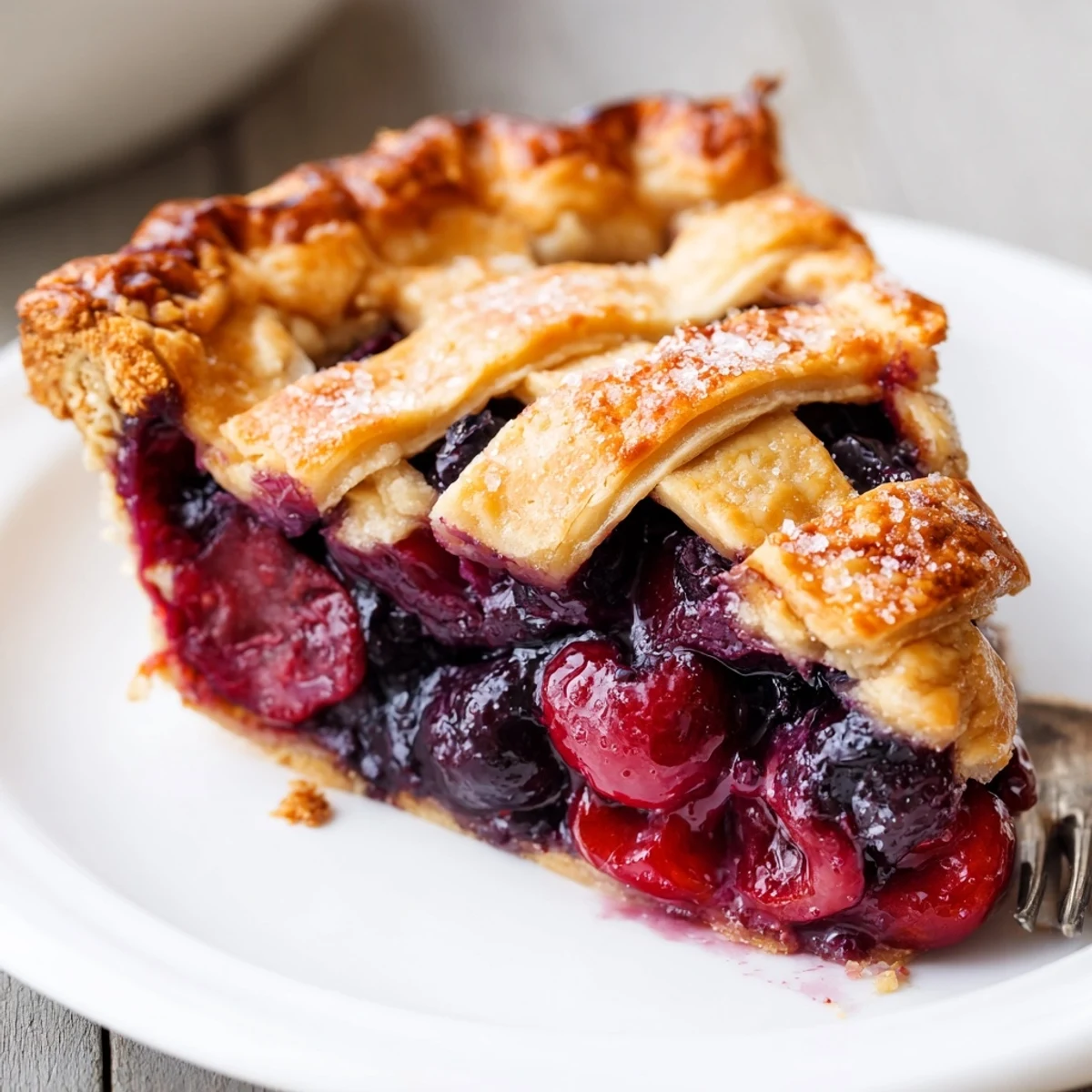 Cherry And Blueberry Pie with bubbling ruby filling and golden flaky crust