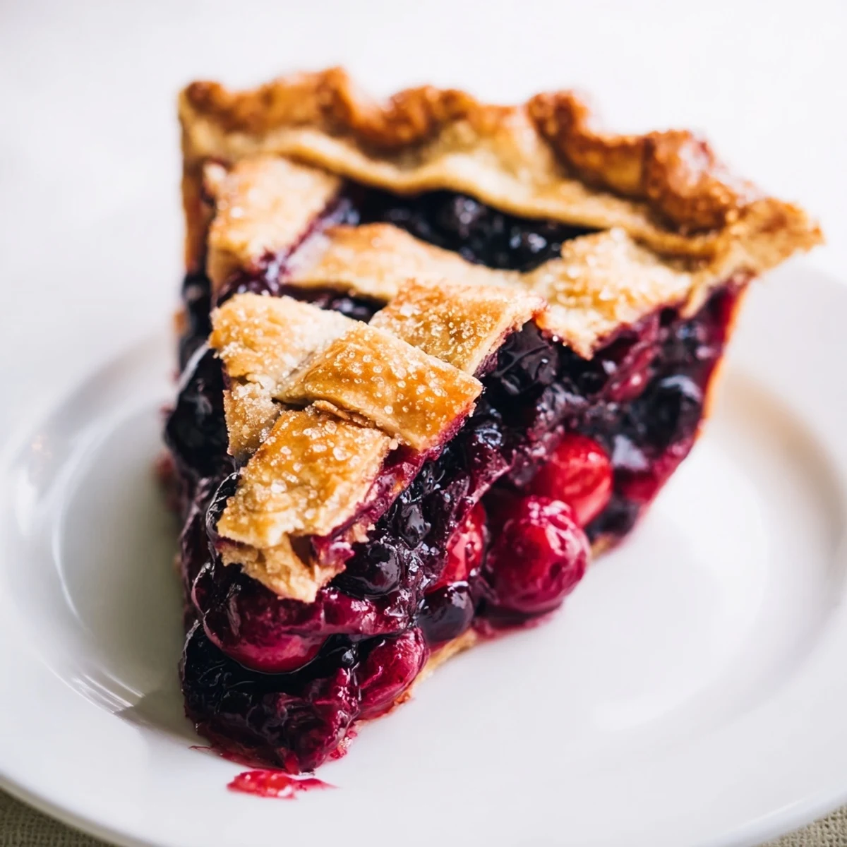 Homestyle Cherry And Blueberry Pie lattice top emitting sweet, tangy summer fruit aroma
