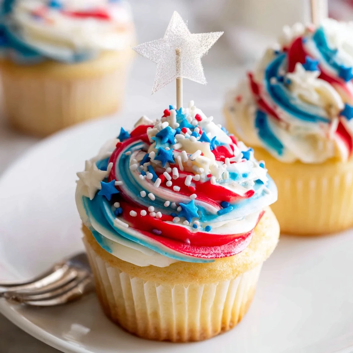 Patriotic Firework Cupcakes with fluffy vanilla cake and swirls of buttercream.