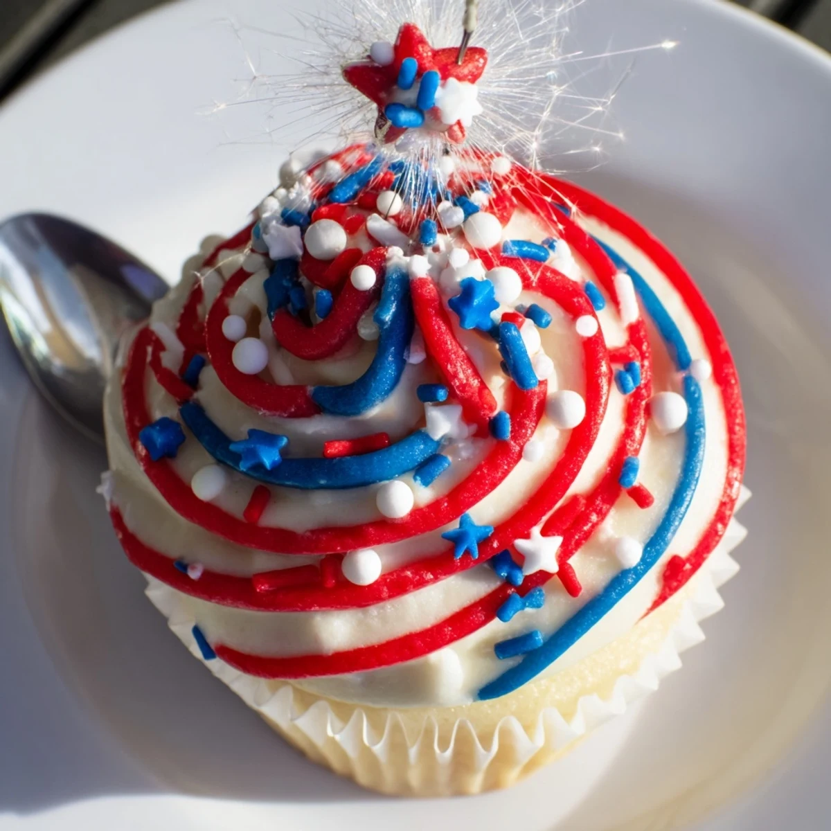 Stack of Patriotic Firework Cupcakes topped with vibrant red, white, blue sprinkles.