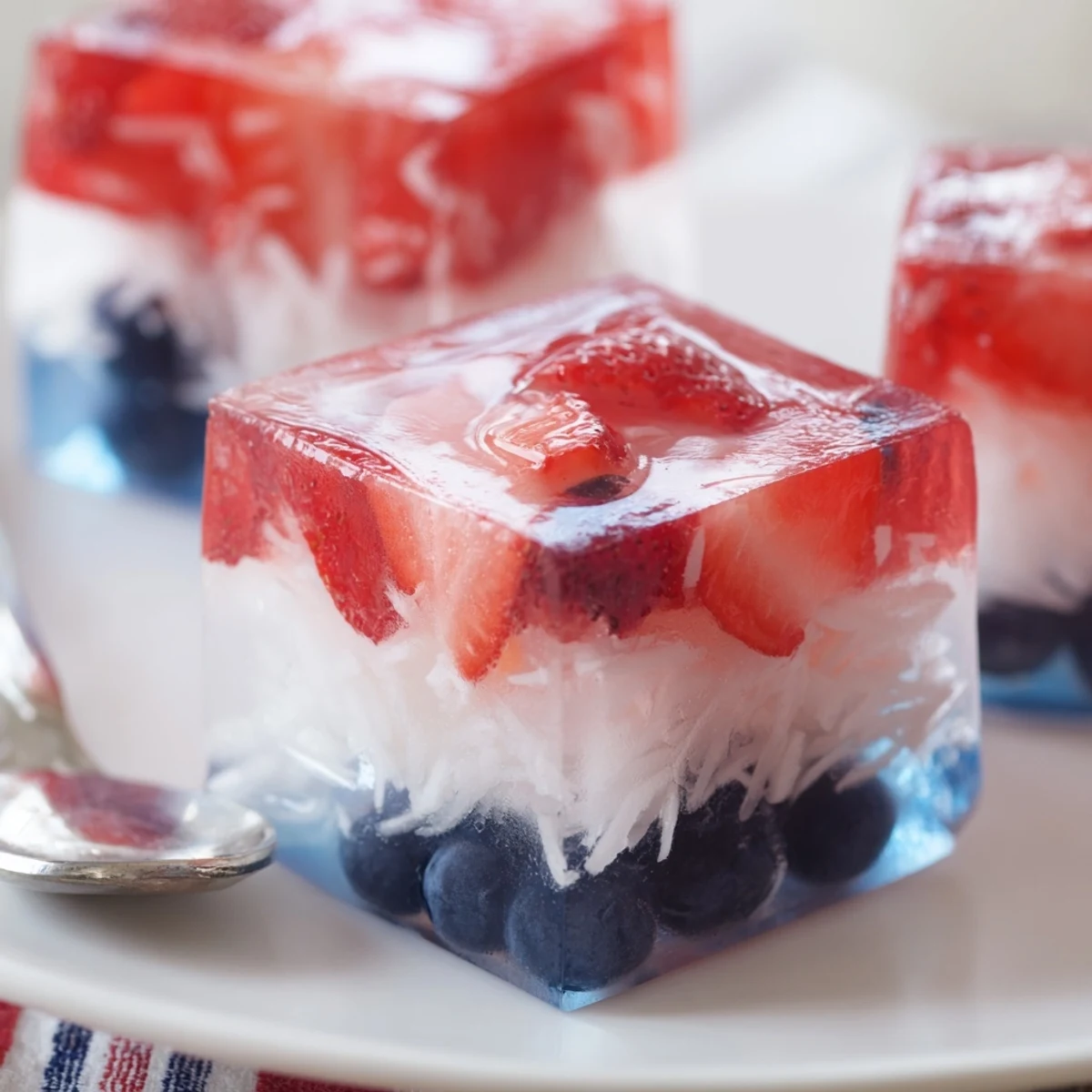 Close-up of layered Red White And Blue Ice Cubes Recipe showing juicy strawberries
