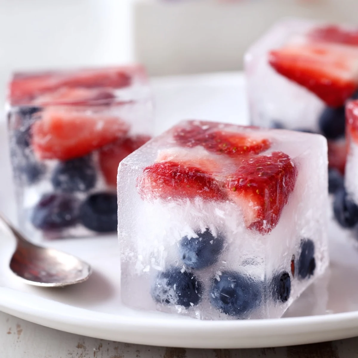 Glass of sparkling water topped with Red White And Blue Ice Cubes Recipe