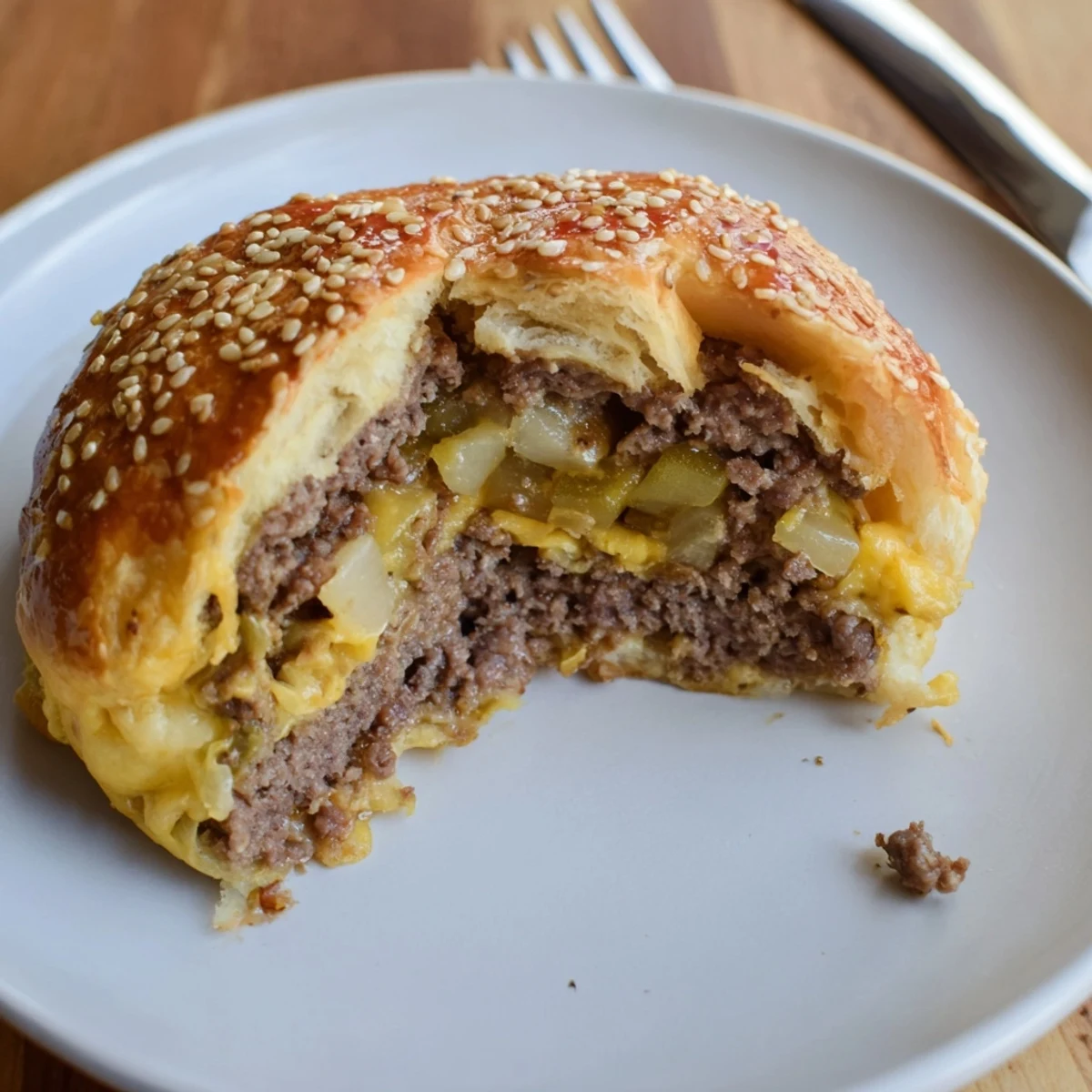 Golden Cheesy Cheeseburger Bombs Explosion Recipe on baking sheet, cheese oozing.