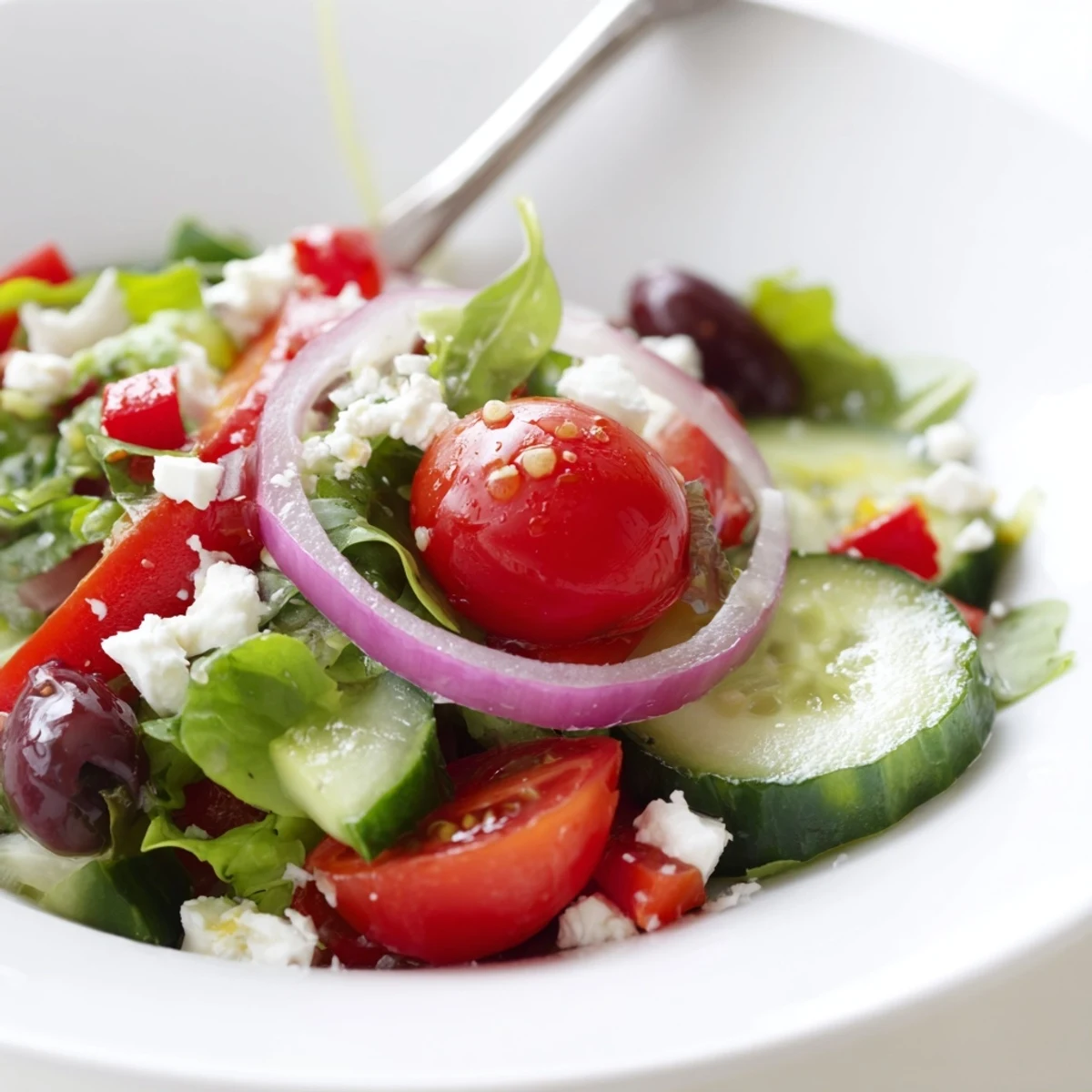 Bright Fresh Salad Recipe tossed with feta, kalamata olives, and peppery arugula.