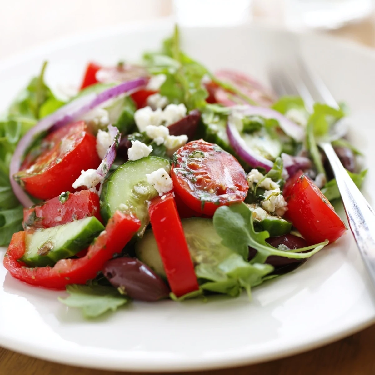 Easy Fresh Salad Recipe served immediately for crisp greens, zesty lemon dressing.