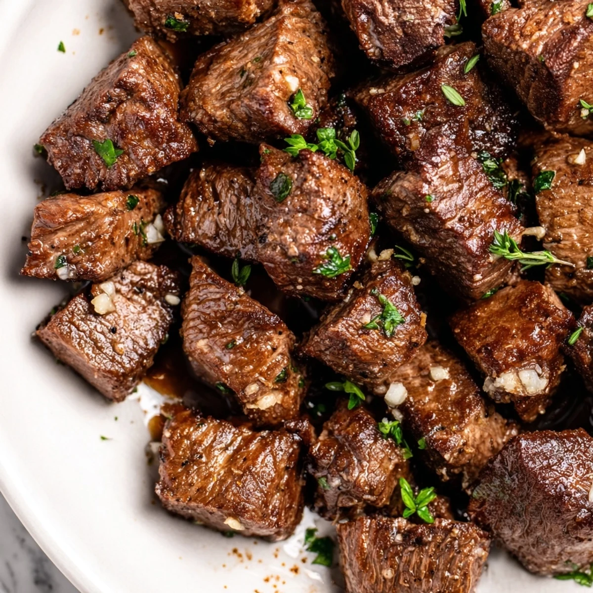 Garlic Butter Steak Bites sizzling in cast iron, golden crust and buttery aroma