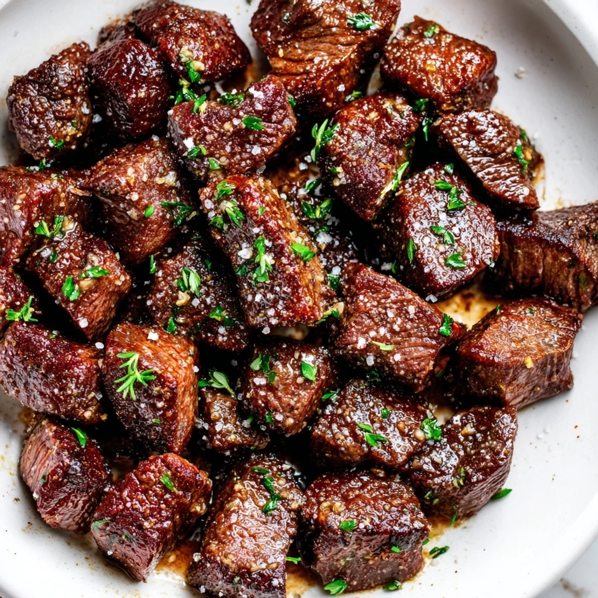 Juicy Garlic Butter Steak Bites served over mashed potatoes for comforting weeknight dinner