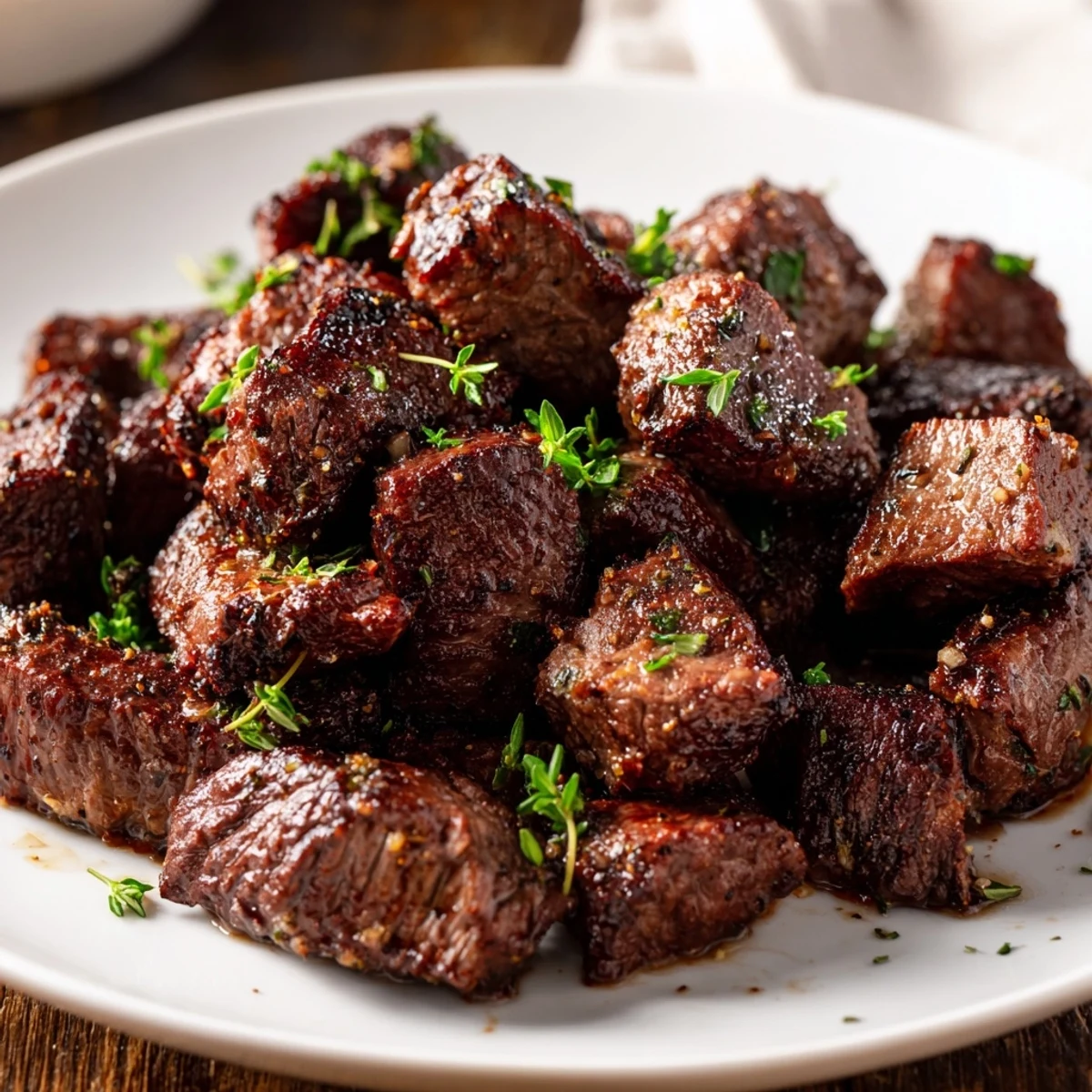 Pan seared Garlic Butter Steak Bites tossed with parsley, ready for crusty bread