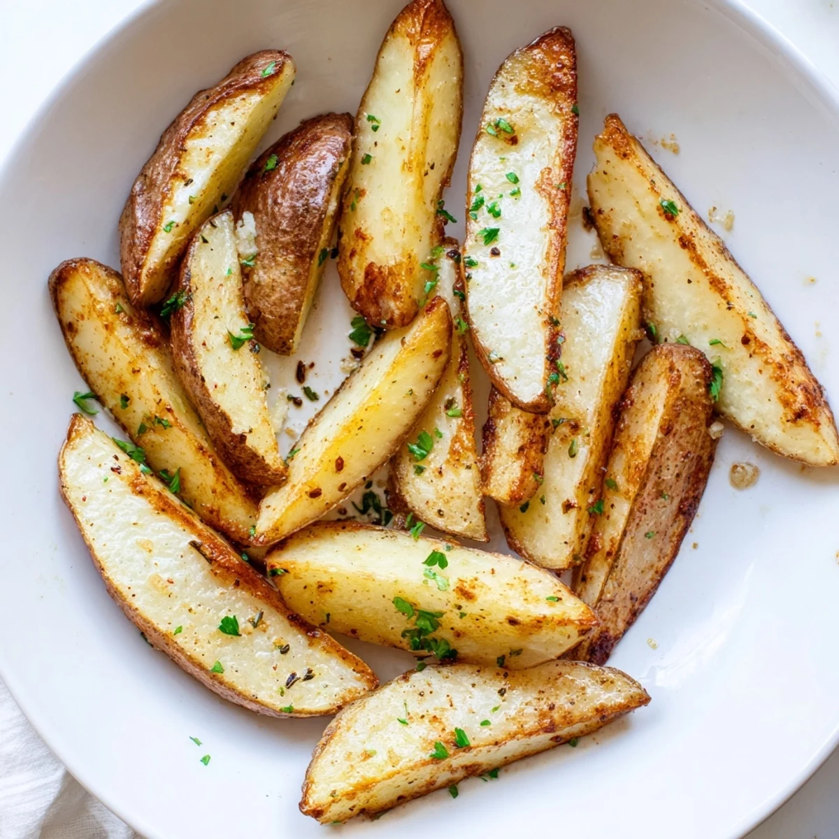 Golden, crispy Potato Wedges with flaky interior, baked and sprinkled with parsley