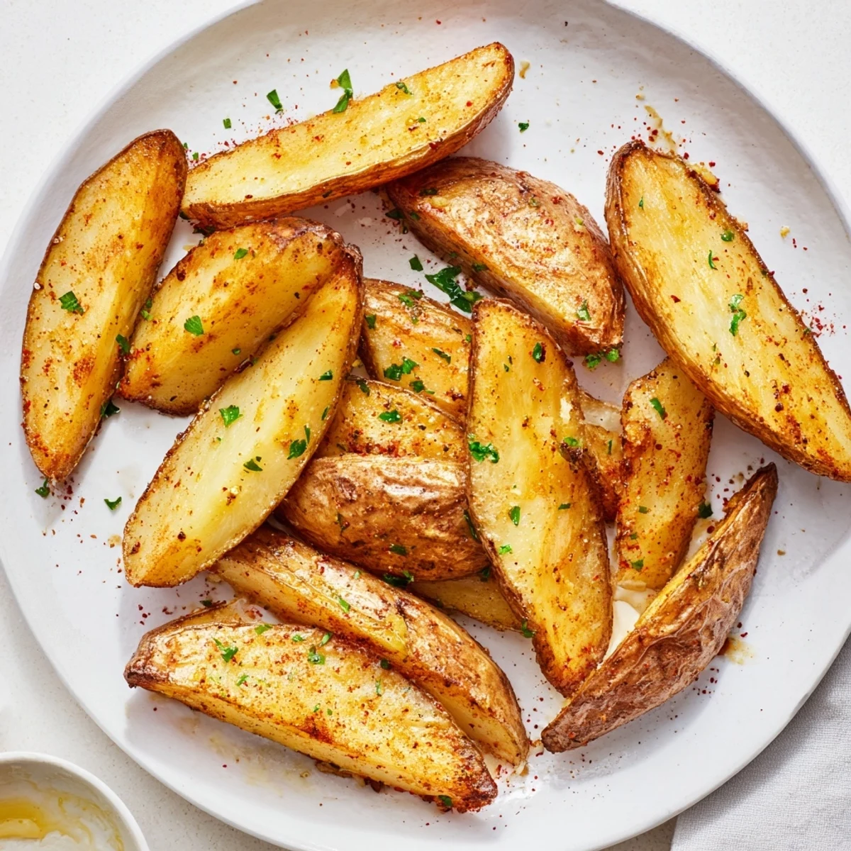 Oven-roasted Potato Wedges seasoned with paprika and garlic, served with ketchup