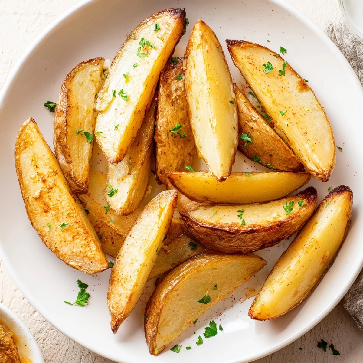 Skin-on russet Potato Wedges with bronzed edges and fluffy, steamy centers