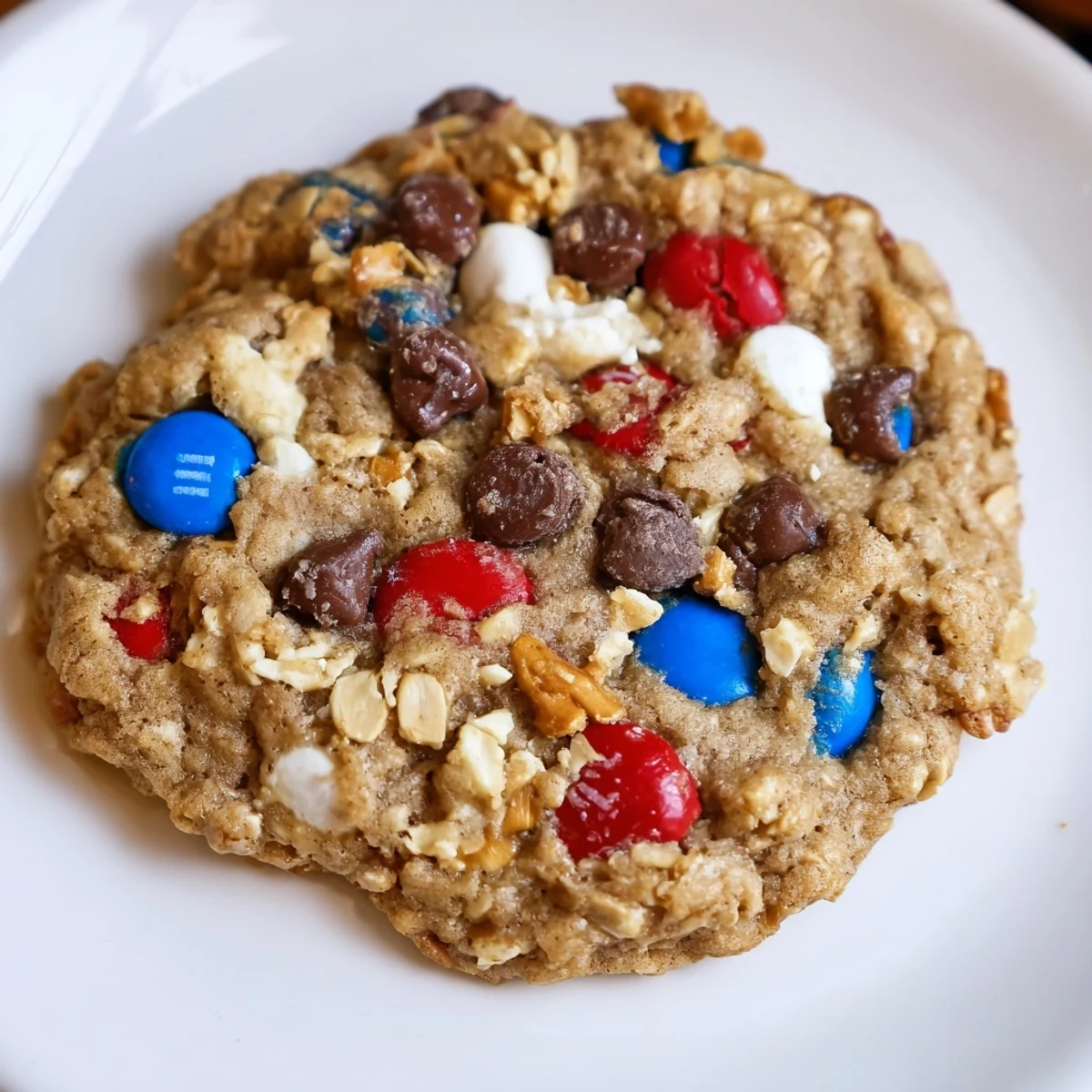 Fresh-baked Patriotic Monster Cookies Recipe on parchment, golden edges, soft centers