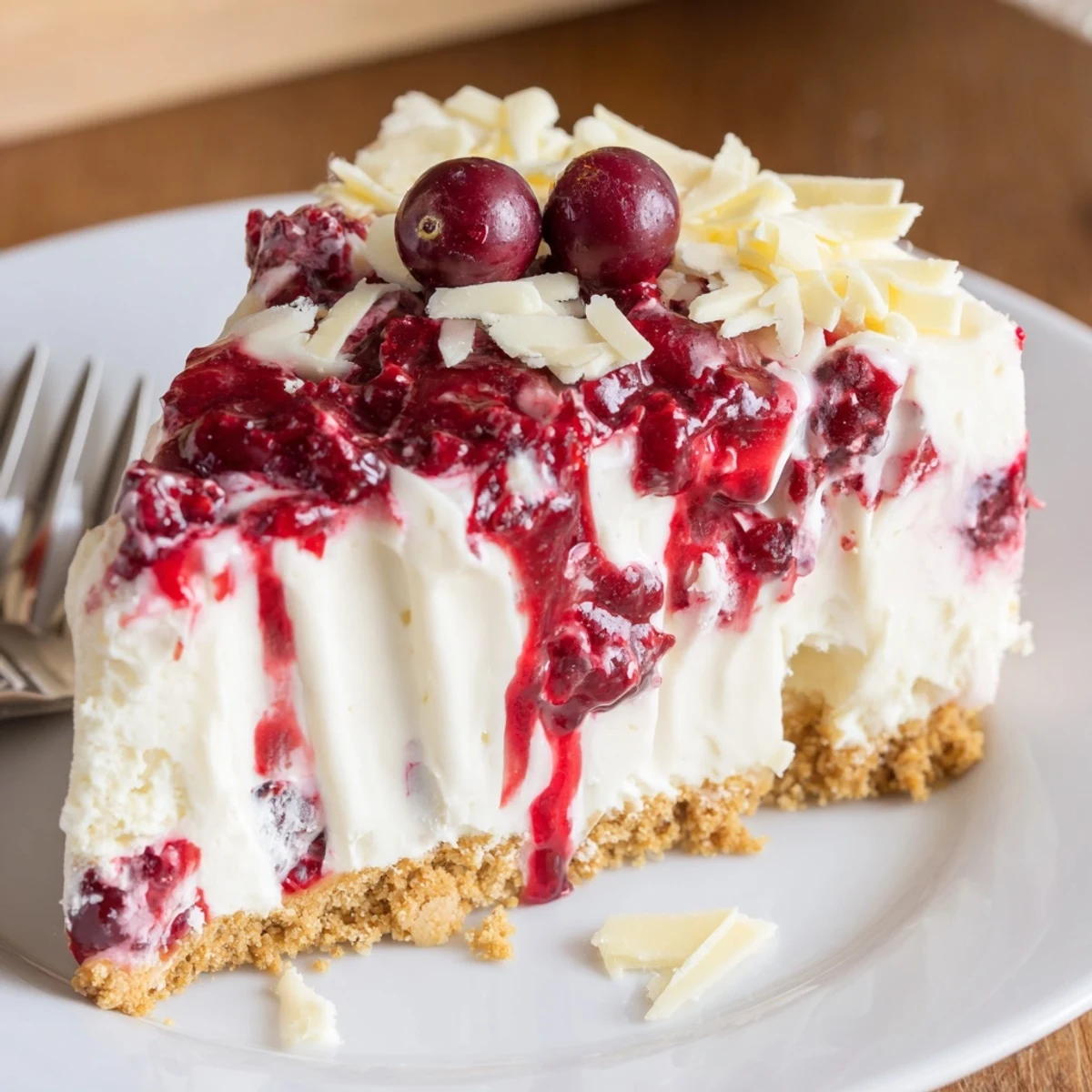 No Bake Cranberry White Chocolate Cheesecake topped with glossy cranberry compote, chilled.