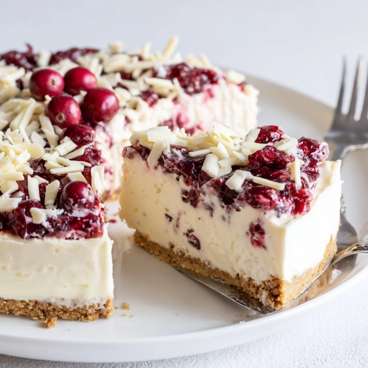 Creamy No Bake Cranberry White Chocolate Cheesecake in a springform pan, buttery crust.