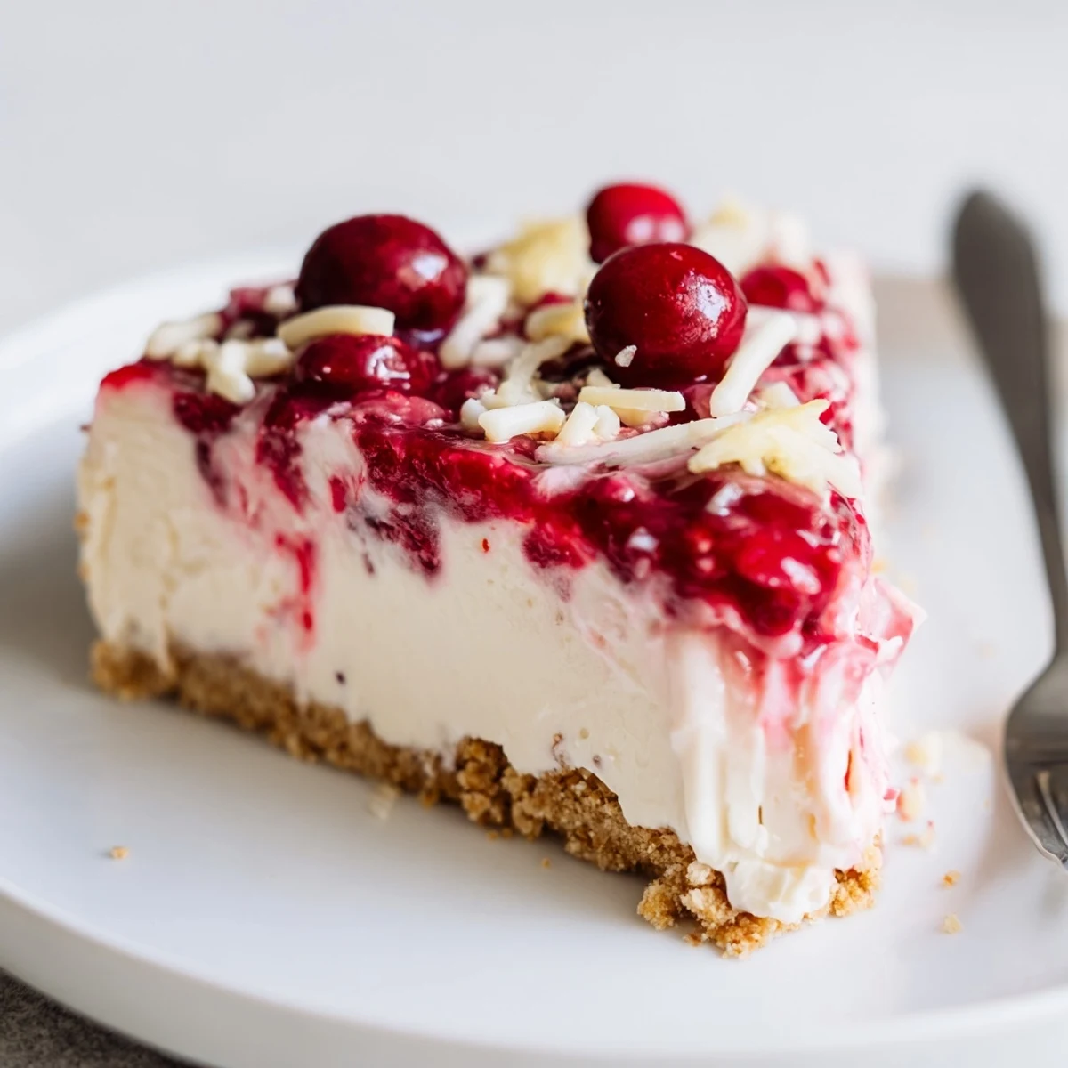 Slice of No Bake Cranberry White Chocolate Cheesecake with shavings and fresh cranberries.