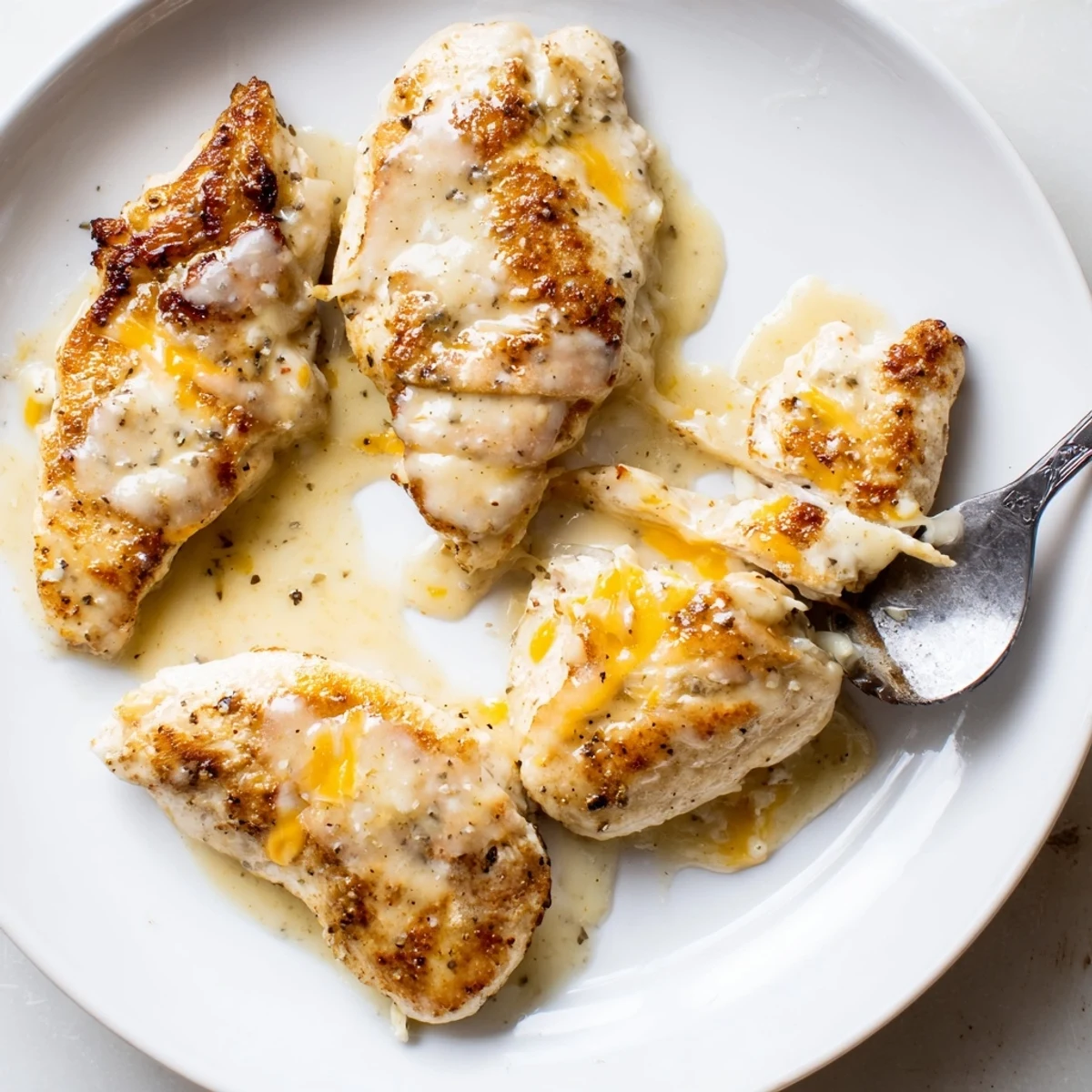 Oven-roasted Chicken With Cheese Sauce bubbling golden, plated with roasted vegetables