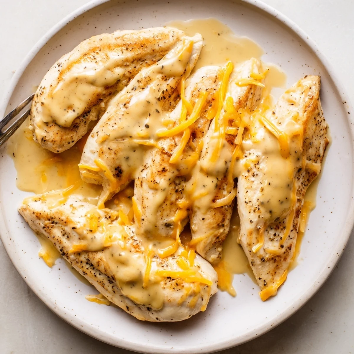 Pan-seared Chicken With Cheese Sauce, silky garlic-Parmesan drizzle over warm breasts