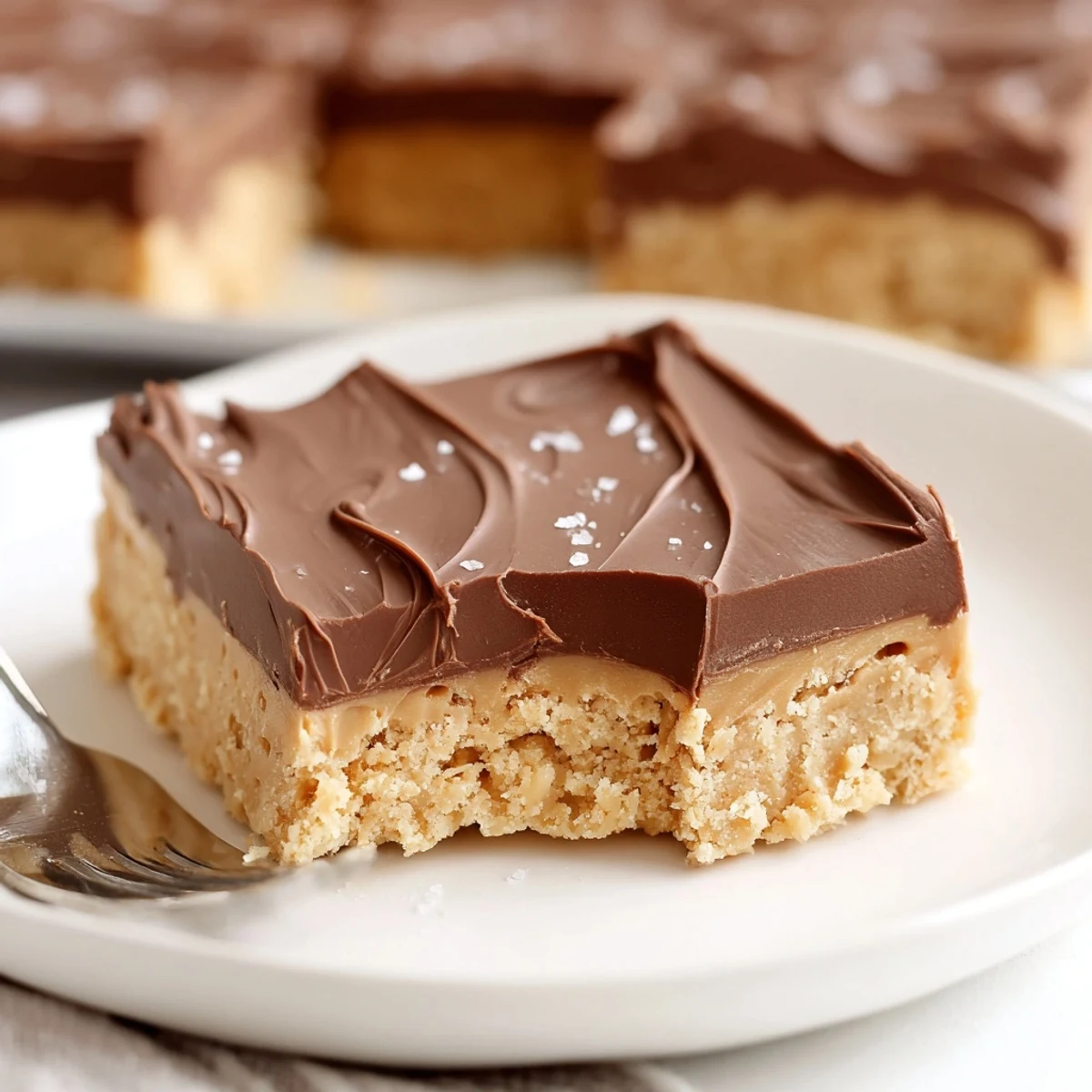 No Bake Peanut Butter Bars resting on parchment, glossy chocolate peanut topping  