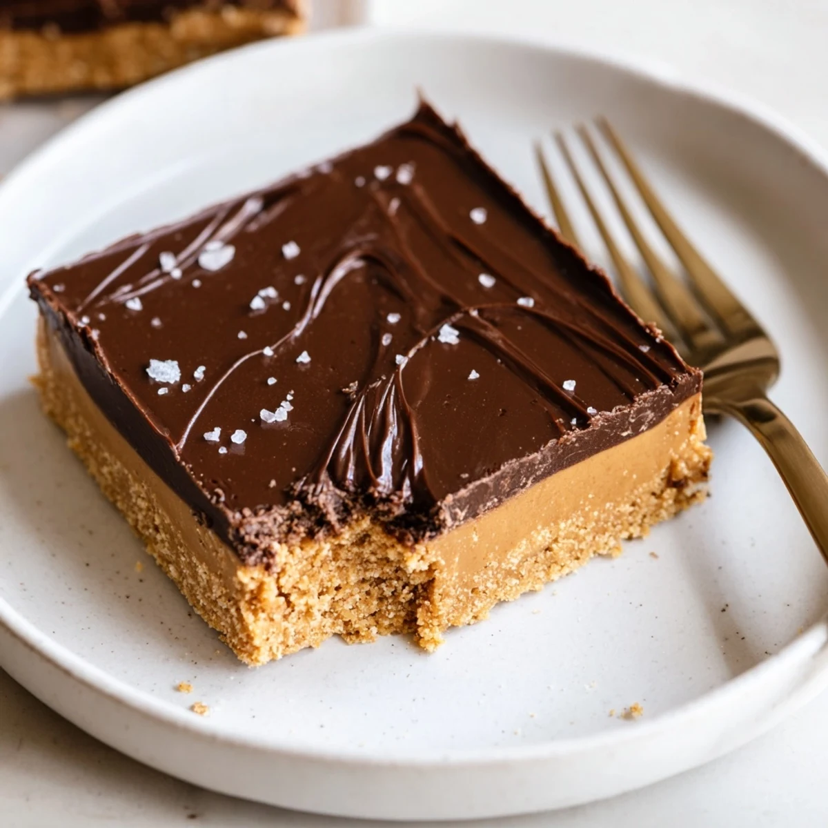 No Bake Peanut Butter Bars chilled until firm, topped with flaky sea salt