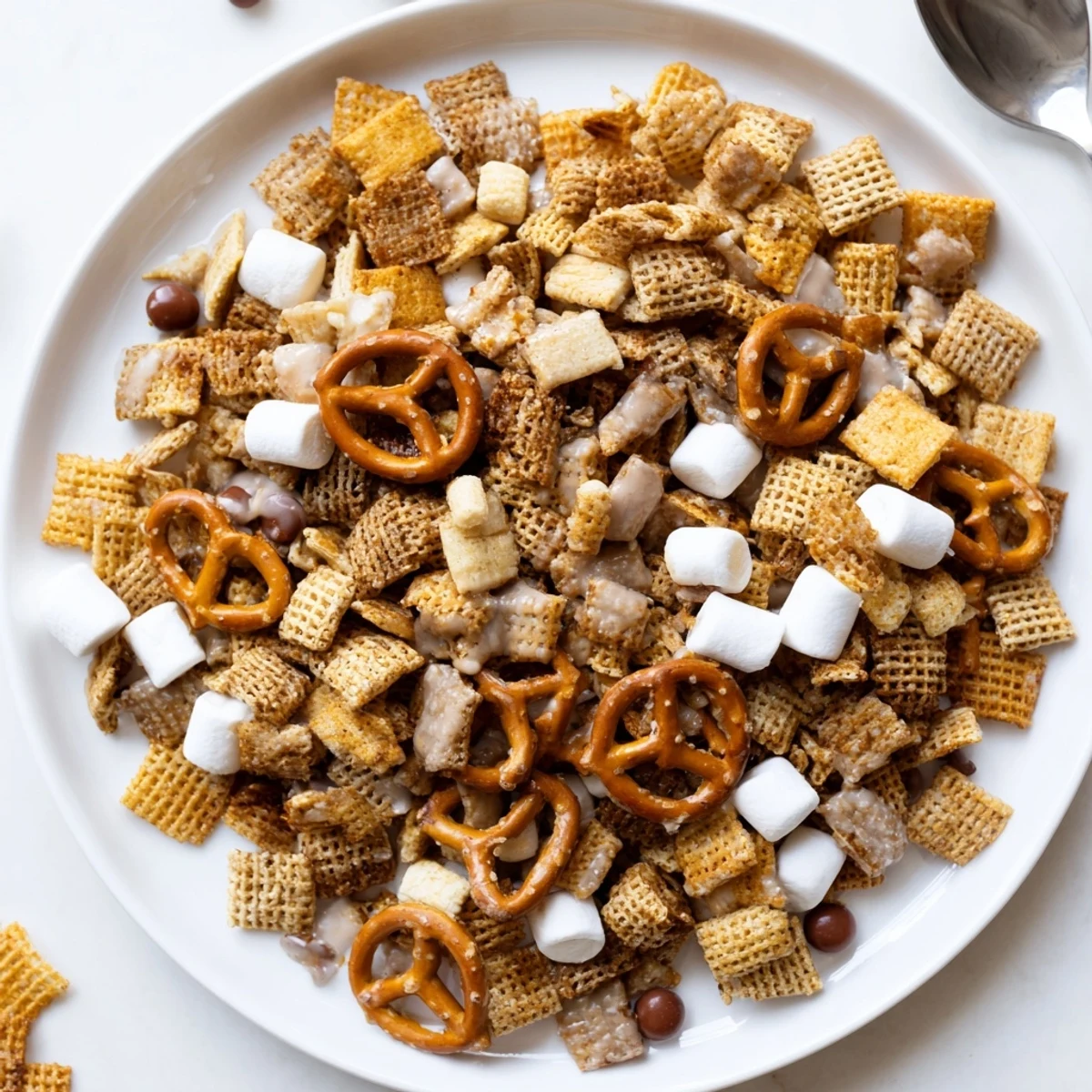 White Trash Snack Mix piled on parchment, glossy white chocolate coating gleaming