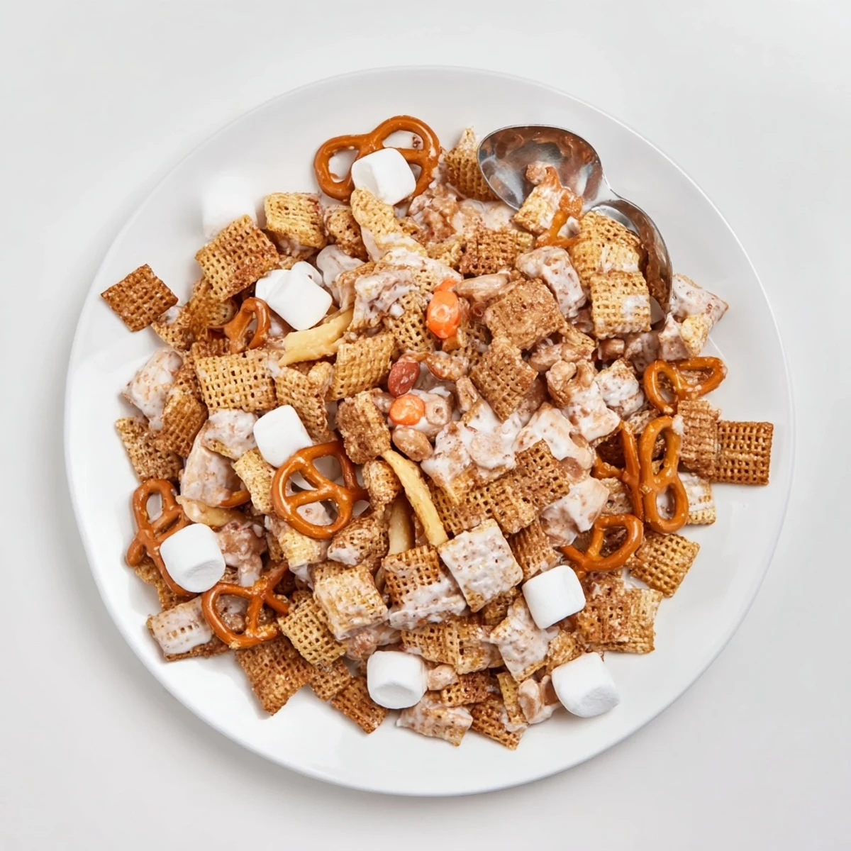 White Trash Snack Mix with marshmallows and M&M's, creamy drizzle and crunch