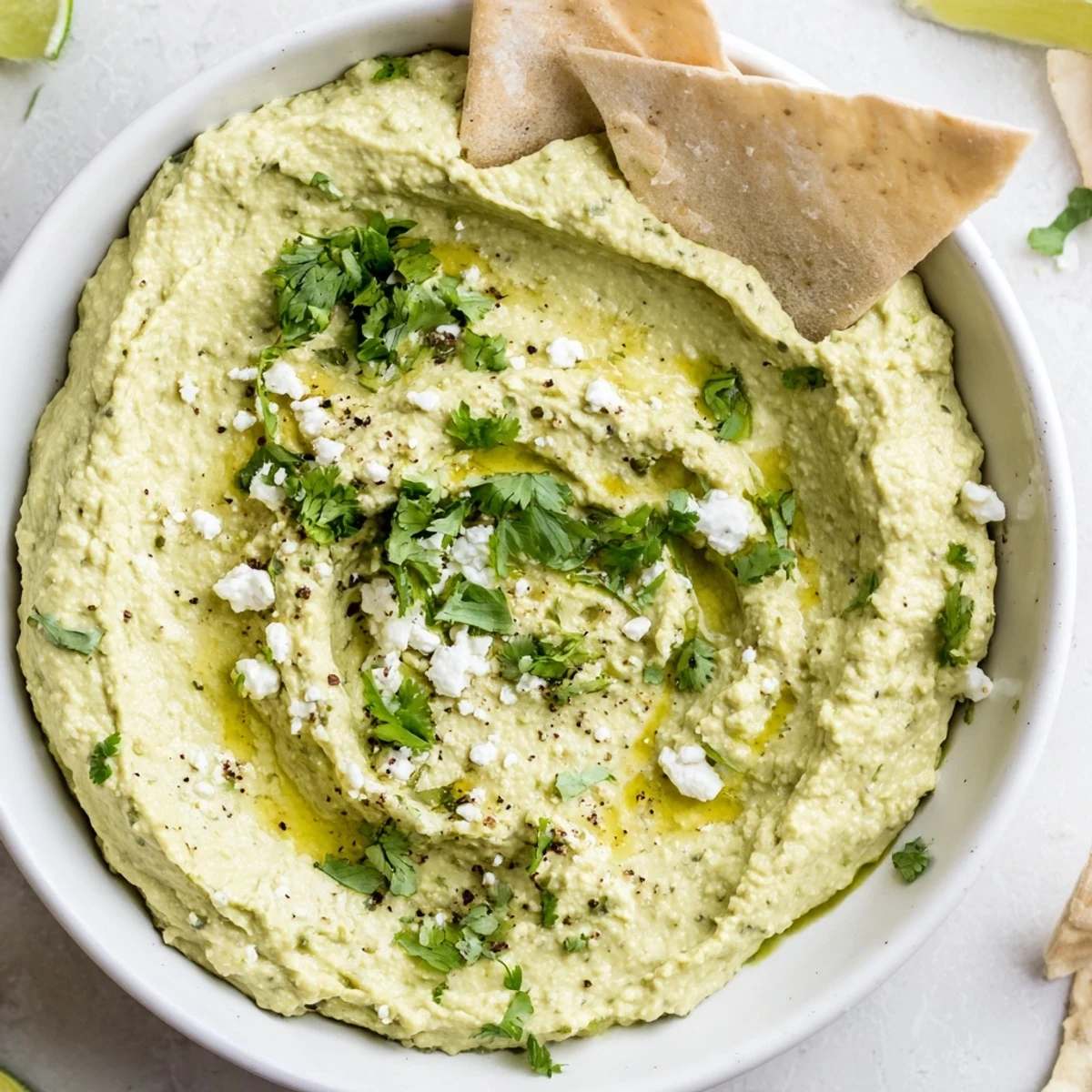 Creamy Avocado Feta Dip in bowl, silky texture, drizzled olive oil