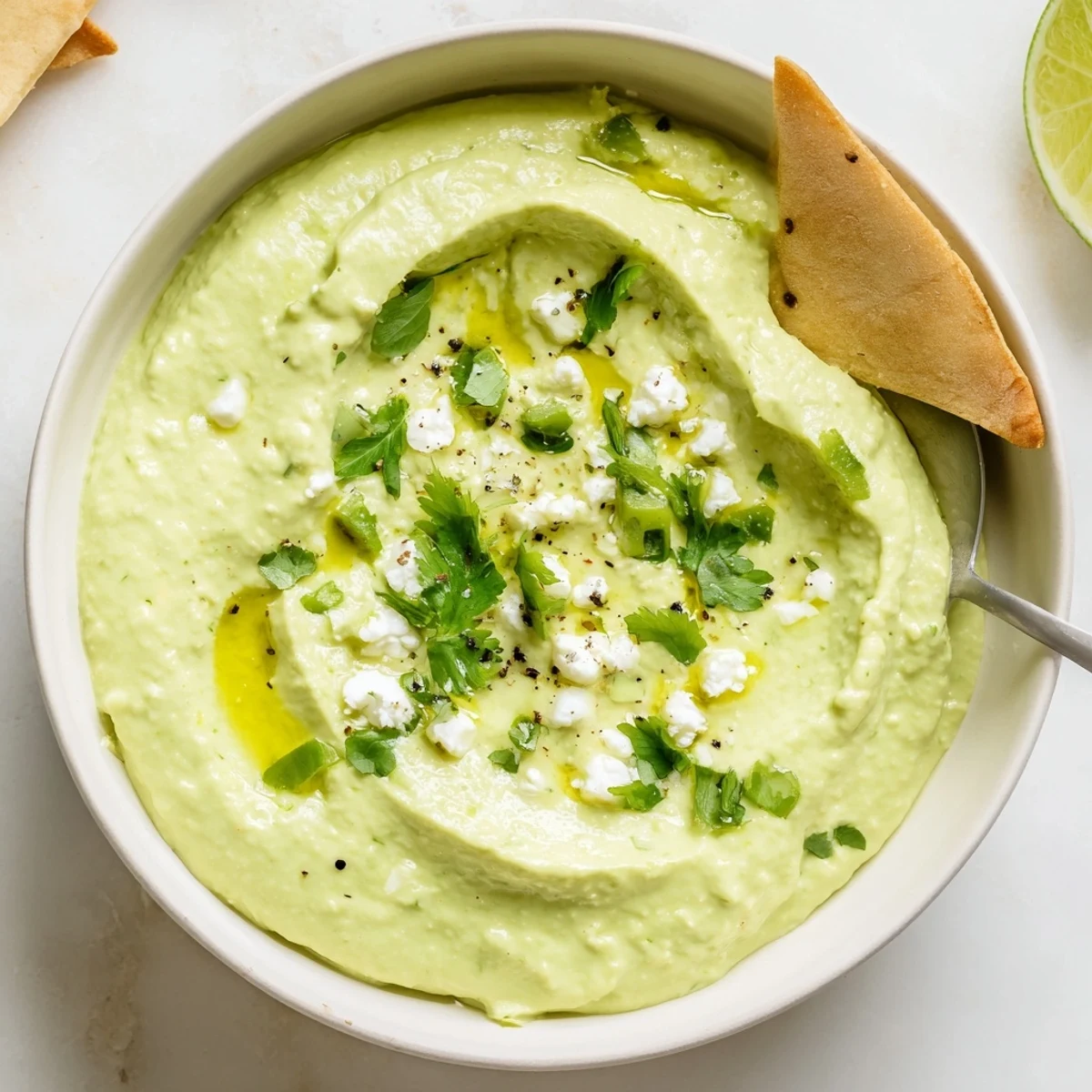 Zesty Creamy Avocado Feta Dip with lime brightness, served with pita chips