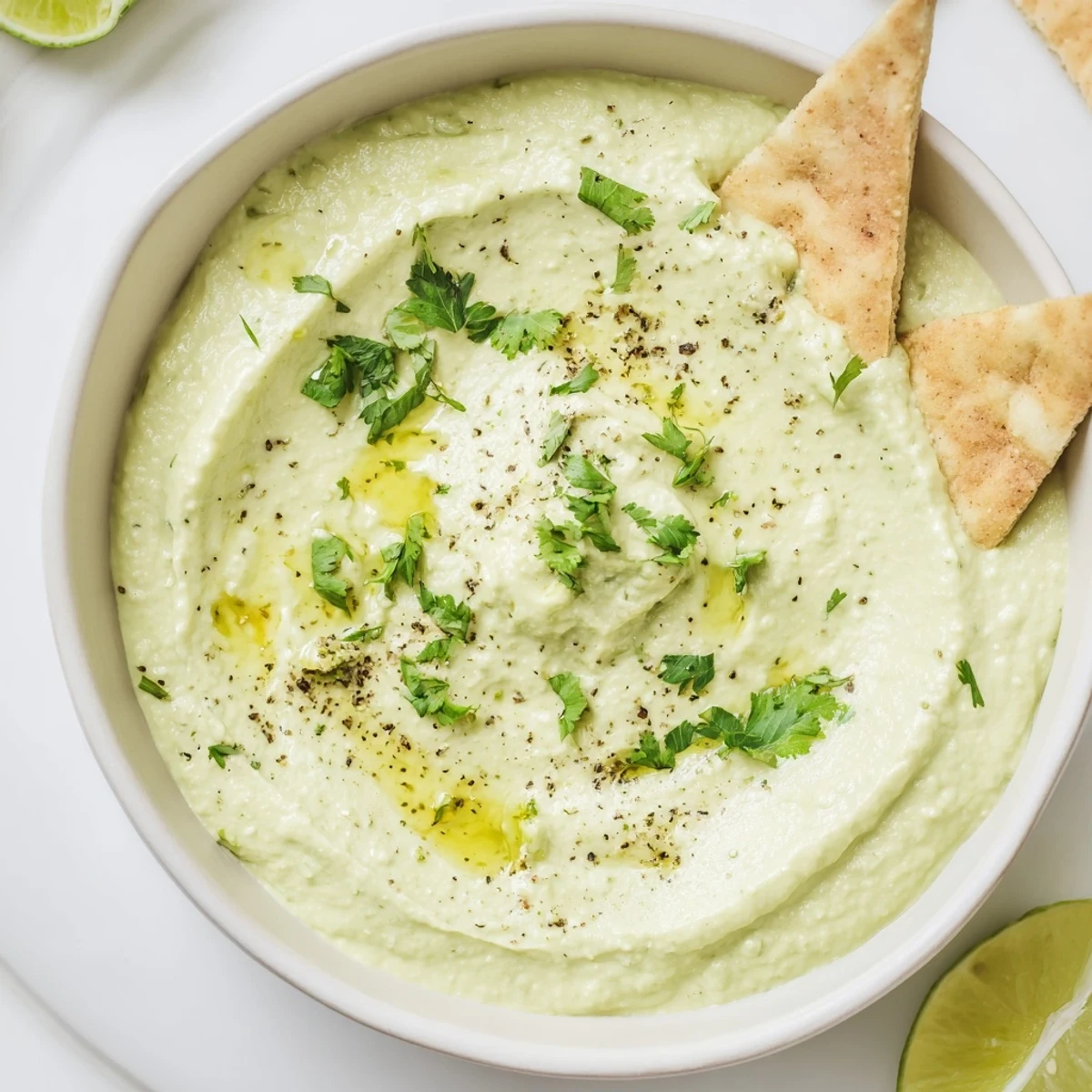 Smooth Creamy Avocado Feta Dip scooped with veggies, fresh cilantro garnish