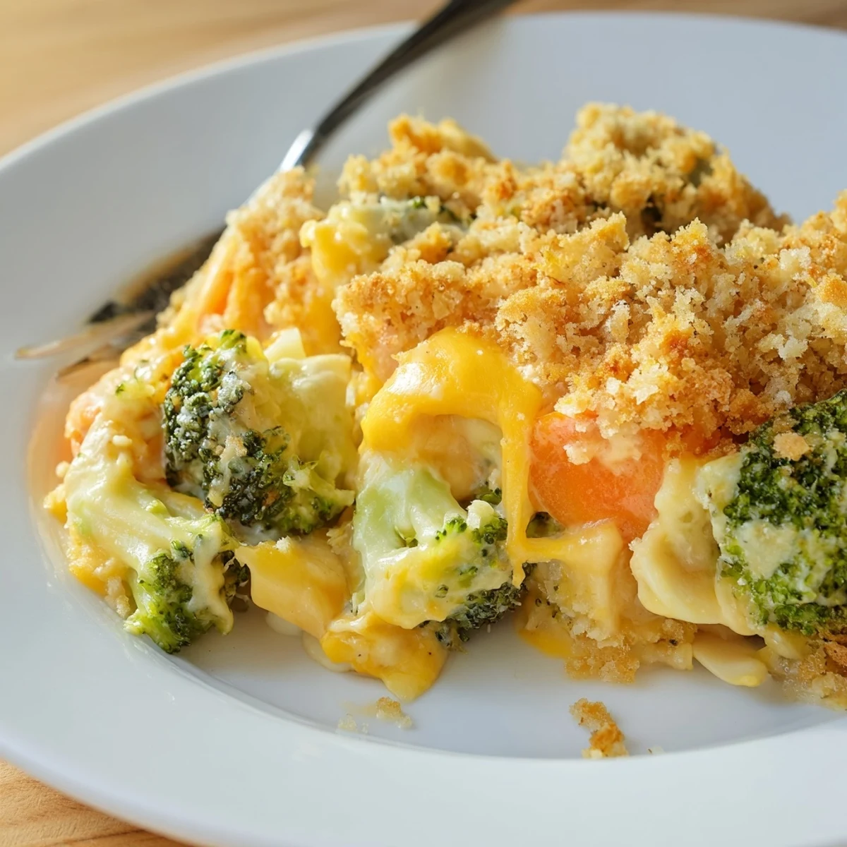 Warm Cheese Bake Broccoli Carrots served steaming, creamy cheddar sauce and crisp edges